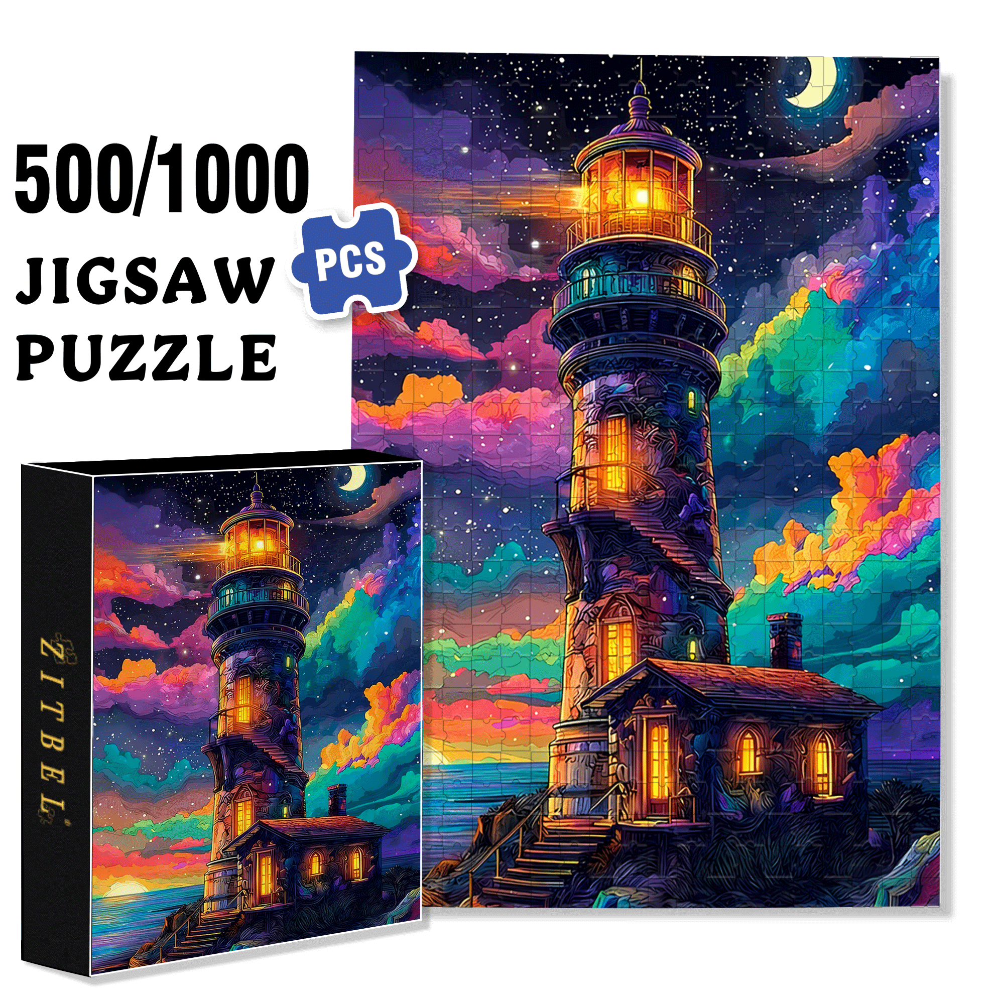 A Colorful Lighthouse Night Sea & Moon 500pcs/1000pcs Jigsaw Puzzle, Scratch-Resistant, Interactive Family Game & Brain-Boosting DIY Decor, Perfect for Halloween, Christmas & New Year Gifts, Family Puzzle Game