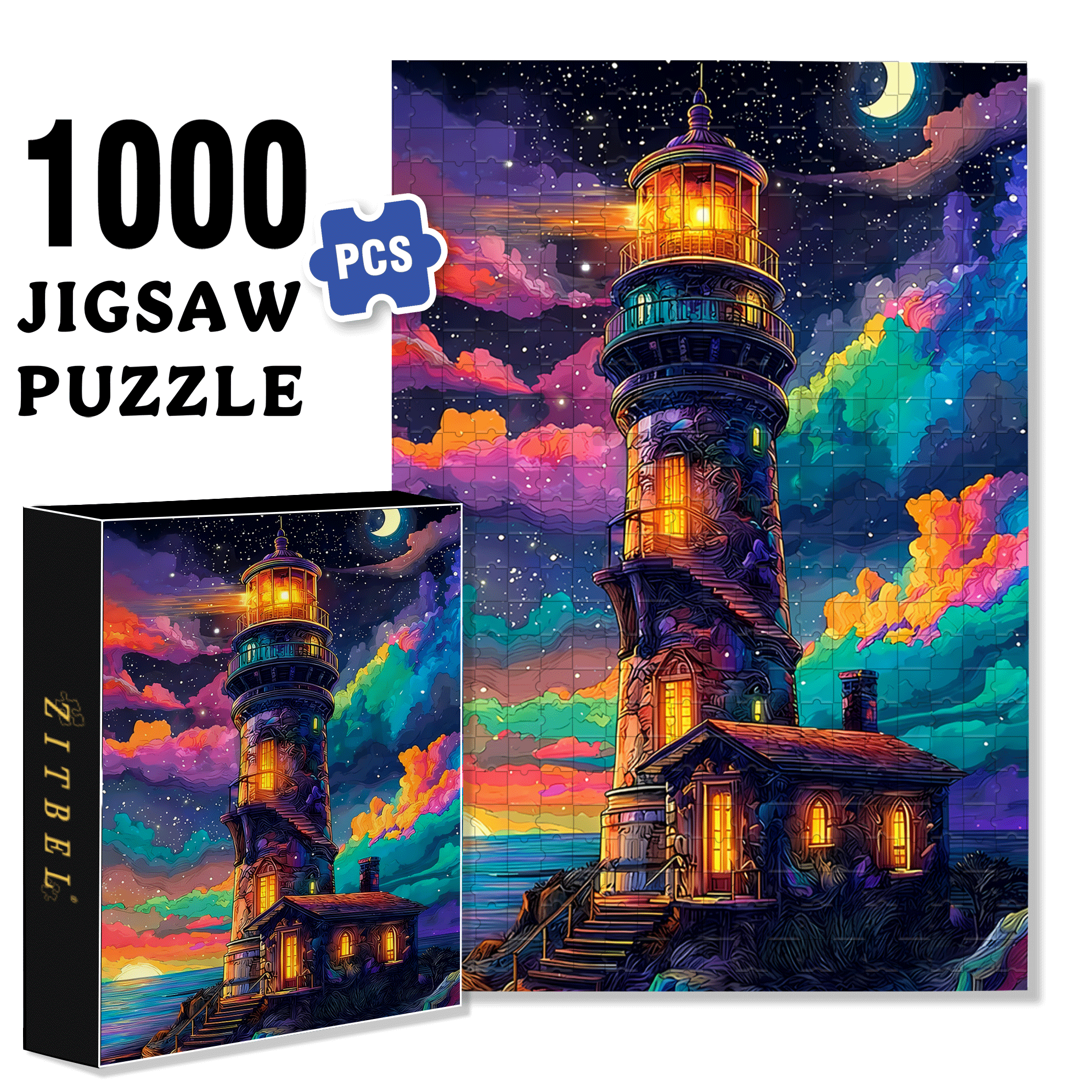 A Colorful Lighthouse Night Sea & Moon 500pcs/1000pcs Jigsaw Puzzle, Scratch-Resistant, Interactive Family Game & Brain-Boosting DIY Decor, Perfect for Halloween, Christmas & New Year Gifts, Family Puzzle Game