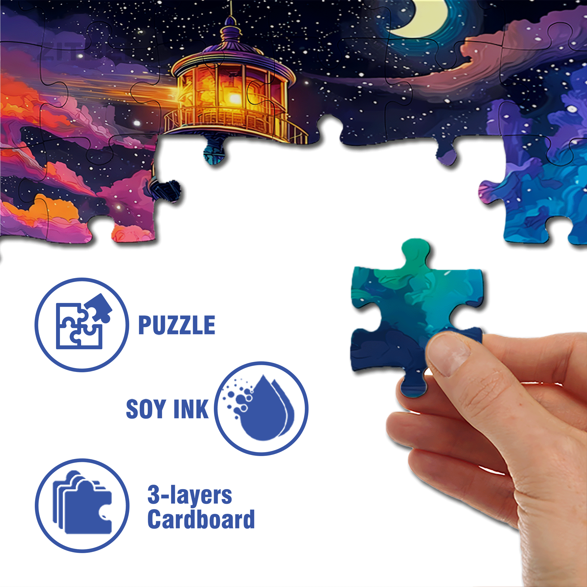 A Colorful Lighthouse Night Sea & Moon 500pcs/1000pcs Jigsaw Puzzle, Scratch-Resistant, Interactive Family Game & Brain-Boosting DIY Decor, Perfect for Halloween, Christmas & New Year Gifts, Family Puzzle Game