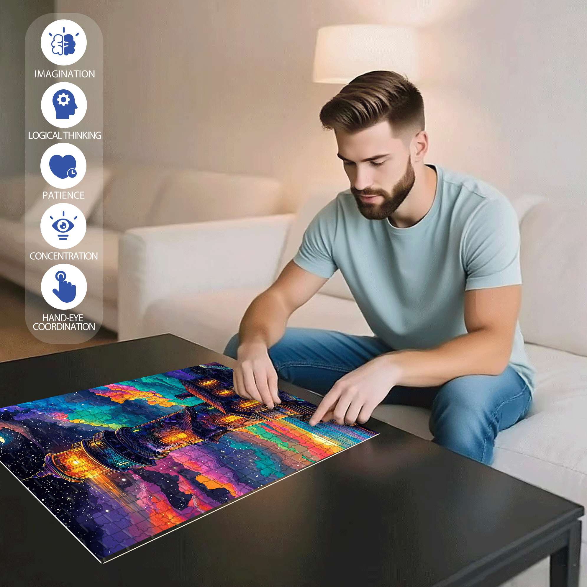 A Colorful Lighthouse Night Sea & Moon 500pcs/1000pcs Jigsaw Puzzle, Scratch-Resistant, Interactive Family Game & Brain-Boosting DIY Decor, Perfect for Halloween, Christmas & New Year Gifts, Family Puzzle Game