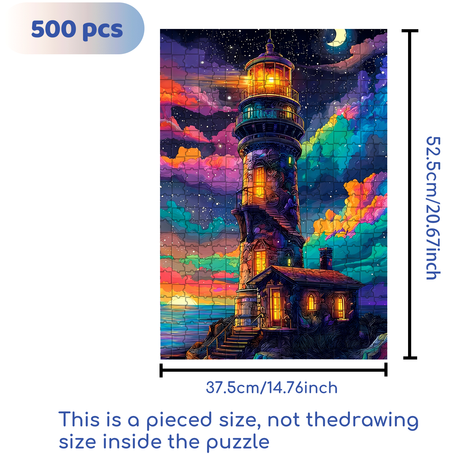 A Colorful Lighthouse Night Sea & Moon 500pcs/1000pcs Jigsaw Puzzle, Scratch-Resistant, Interactive Family Game & Brain-Boosting DIY Decor, Perfect for Halloween, Christmas & New Year Gifts, Family Puzzle Game