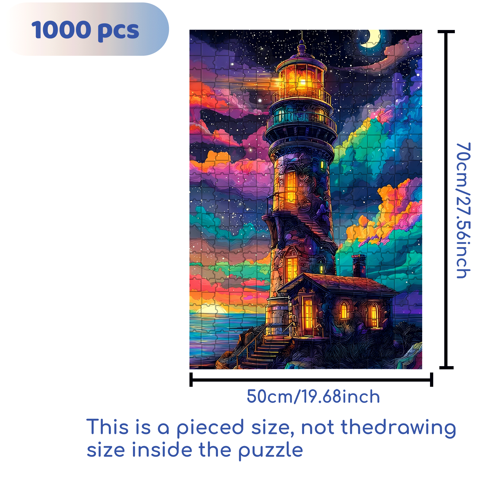 A Colorful Lighthouse Night Sea & Moon 500pcs/1000pcs Jigsaw Puzzle, Scratch-Resistant, Interactive Family Game & Brain-Boosting DIY Decor, Perfect for Halloween, Christmas & New Year Gifts, Family Puzzle Game