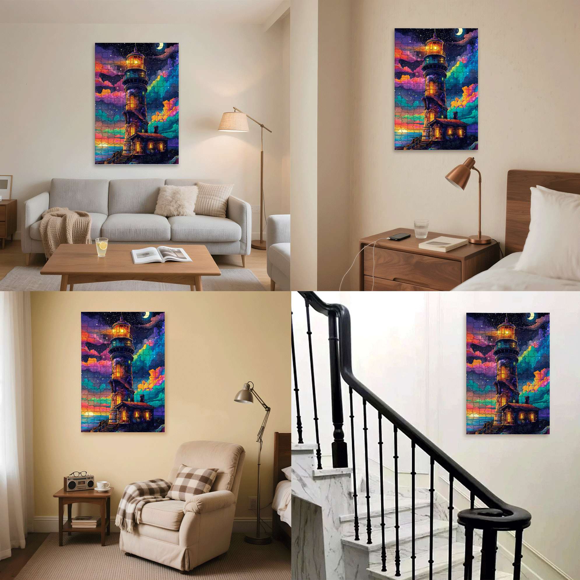 A Colorful Lighthouse Night Sea & Moon 500pcs/1000pcs Jigsaw Puzzle, Scratch-Resistant, Interactive Family Game & Brain-Boosting DIY Decor, Perfect for Halloween, Christmas & New Year Gifts, Family Puzzle Game