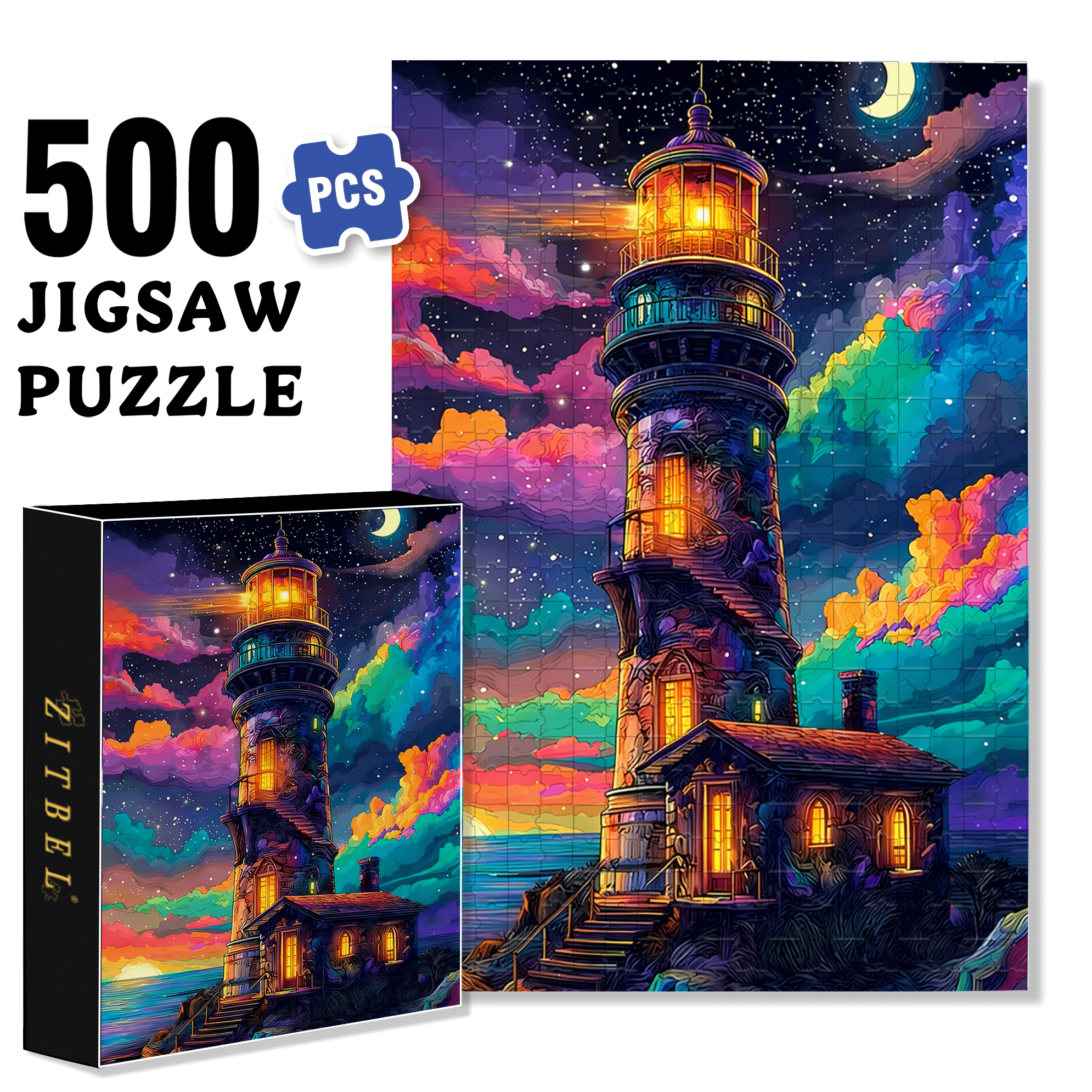 A Colorful Lighthouse Night Sea & Moon 500pcs/1000pcs Jigsaw Puzzle, Scratch-Resistant, Interactive Family Game & Brain-Boosting DIY Decor, Perfect for Halloween, Christmas & New Year Gifts, Family Puzzle Game