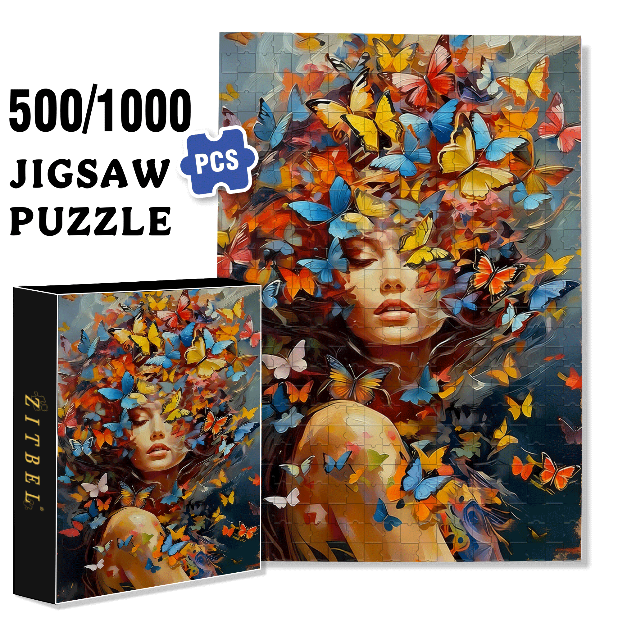 Butterfly & Women 500pcs/1000pcs Jigsaw Puzzle, Scratch-Resistant, Interactive Family Game & Brain-Boosting DIY Decor, Perfect for Halloween, Christmas & New Year Gifts, Family Puzzle Game