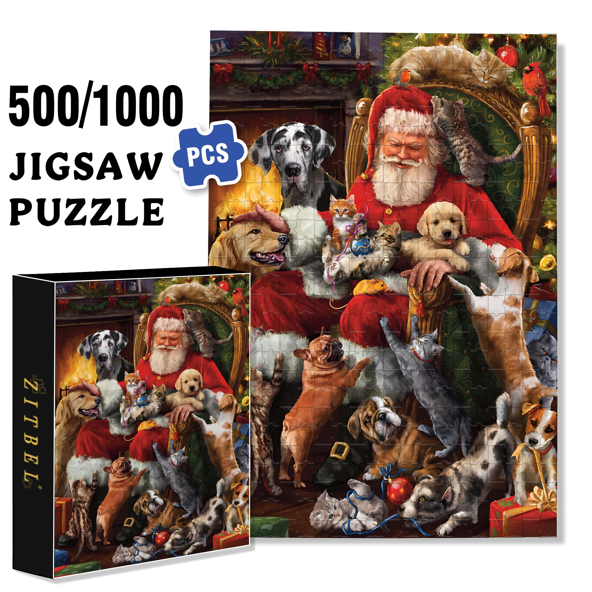 Christmas Party For Pets 500pcs/1000pcs Jigsaw Puzzle, Scratch-Resistant, Interactive Family Game & Brain-Boosting DIY Decor, Perfect for Halloween, Christmas & New Year Gifts, Family Puzzle Game