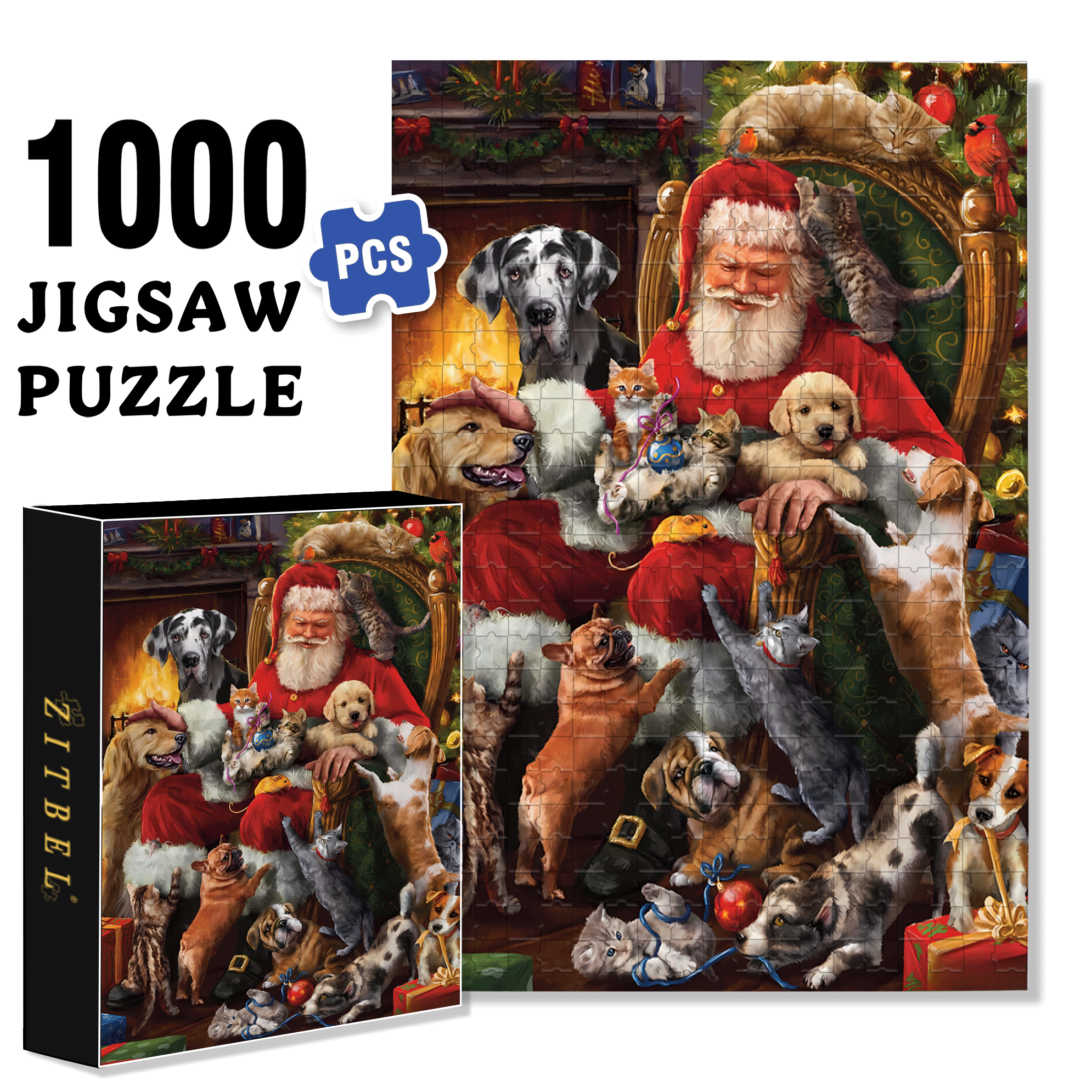 Christmas Party For Pets 500pcs/1000pcs Jigsaw Puzzle, Scratch-Resistant, Interactive Family Game & Brain-Boosting DIY Decor, Perfect for Halloween, Christmas & New Year Gifts, Family Puzzle Game