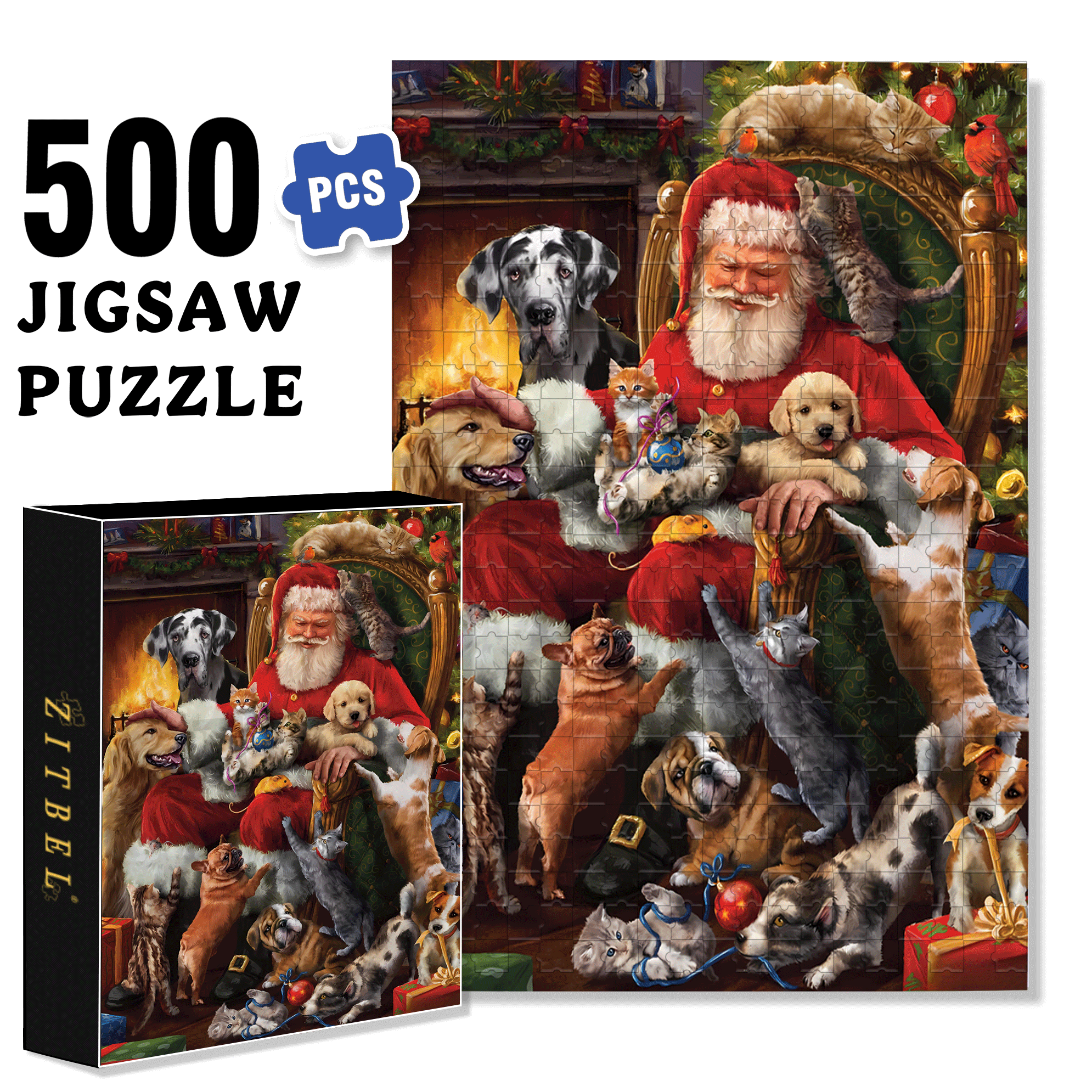 Christmas Party For Pets 500pcs/1000pcs Jigsaw Puzzle, Scratch-Resistant, Interactive Family Game & Brain-Boosting DIY Decor, Perfect for Halloween, Christmas & New Year Gifts, Family Puzzle Game