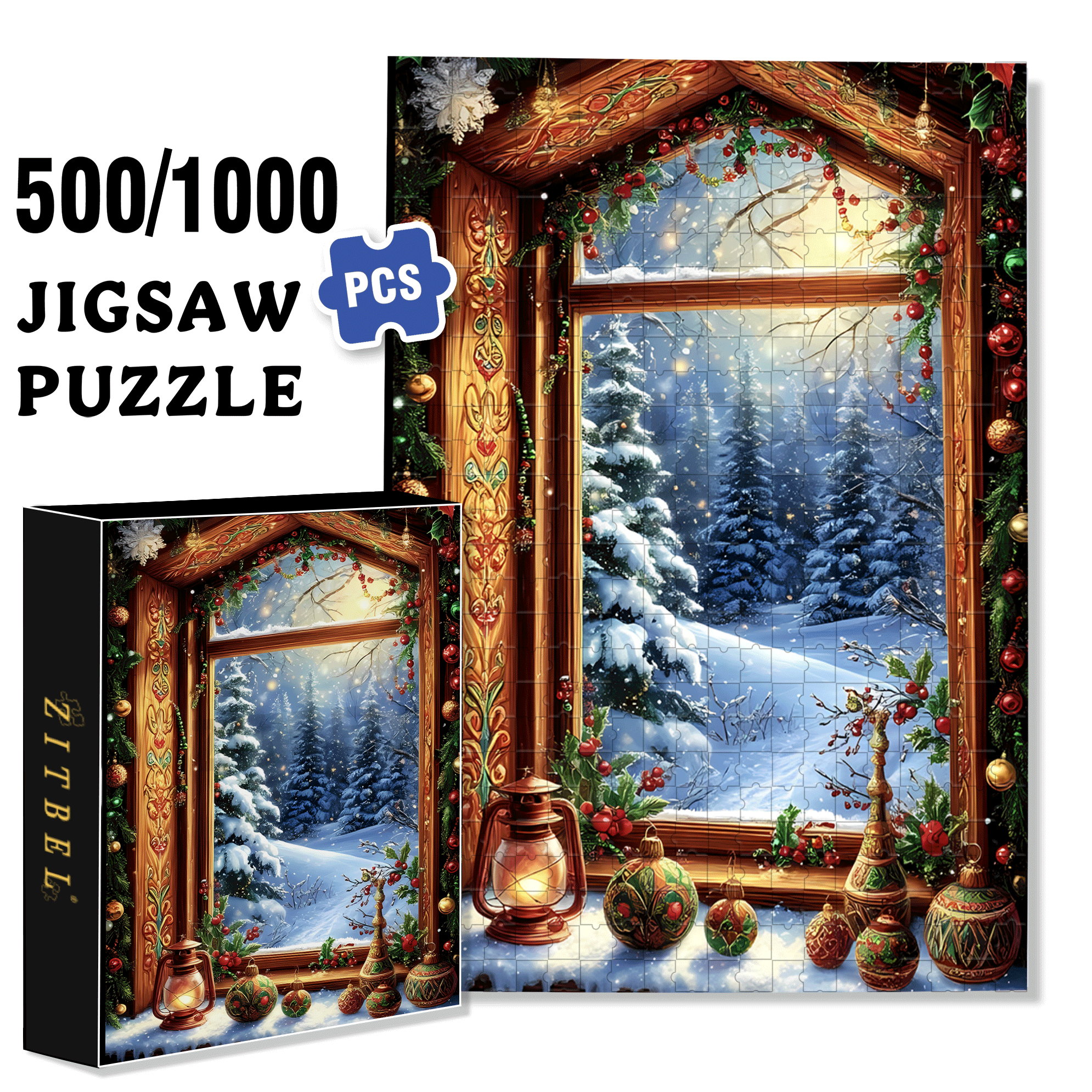 Christmas Snow Scene Window View 500pcs/1000pcs Jigsaw Puzzle, Scratch-Resistant, Interactive Family Game & Brain-Boosting DIY Decor, Perfect for Halloween, Christmas & New Year Gifts, Family Puzzle Game