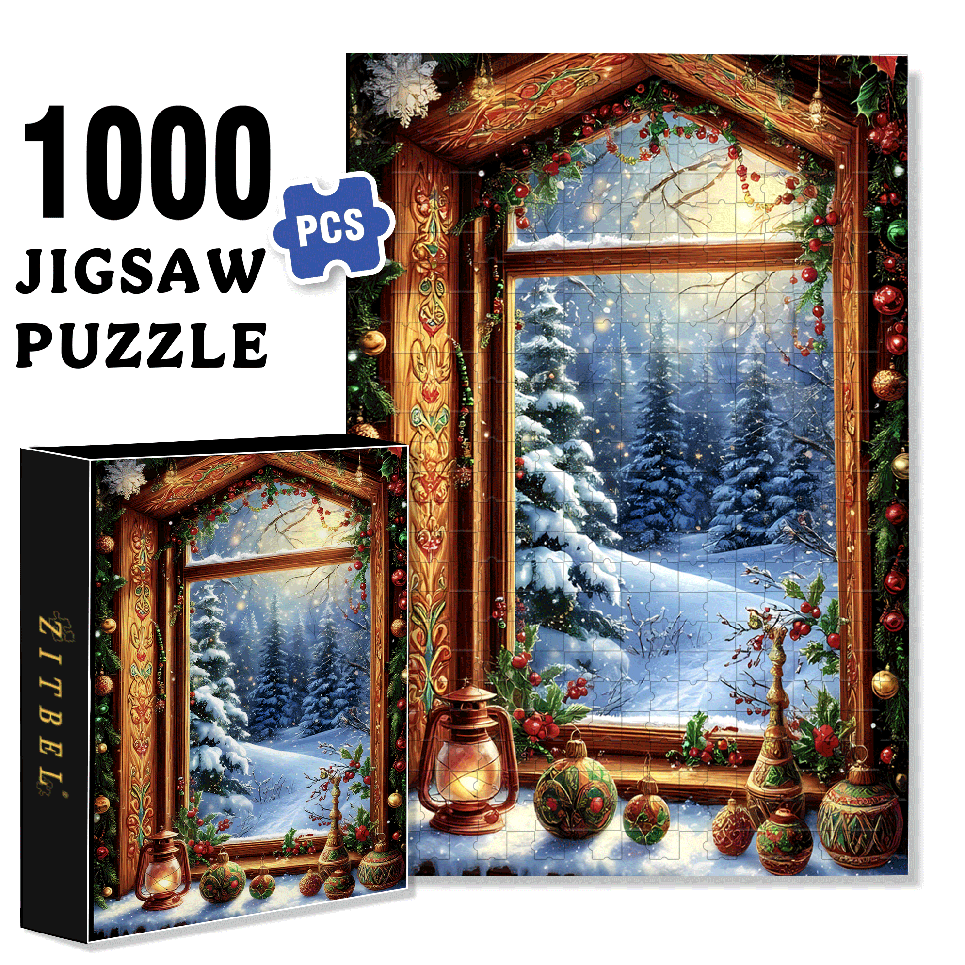 Christmas Snow Scene Window View 500pcs/1000pcs Jigsaw Puzzle, Scratch-Resistant, Interactive Family Game & Brain-Boosting DIY Decor, Perfect for Halloween, Christmas & New Year Gifts, Family Puzzle Game