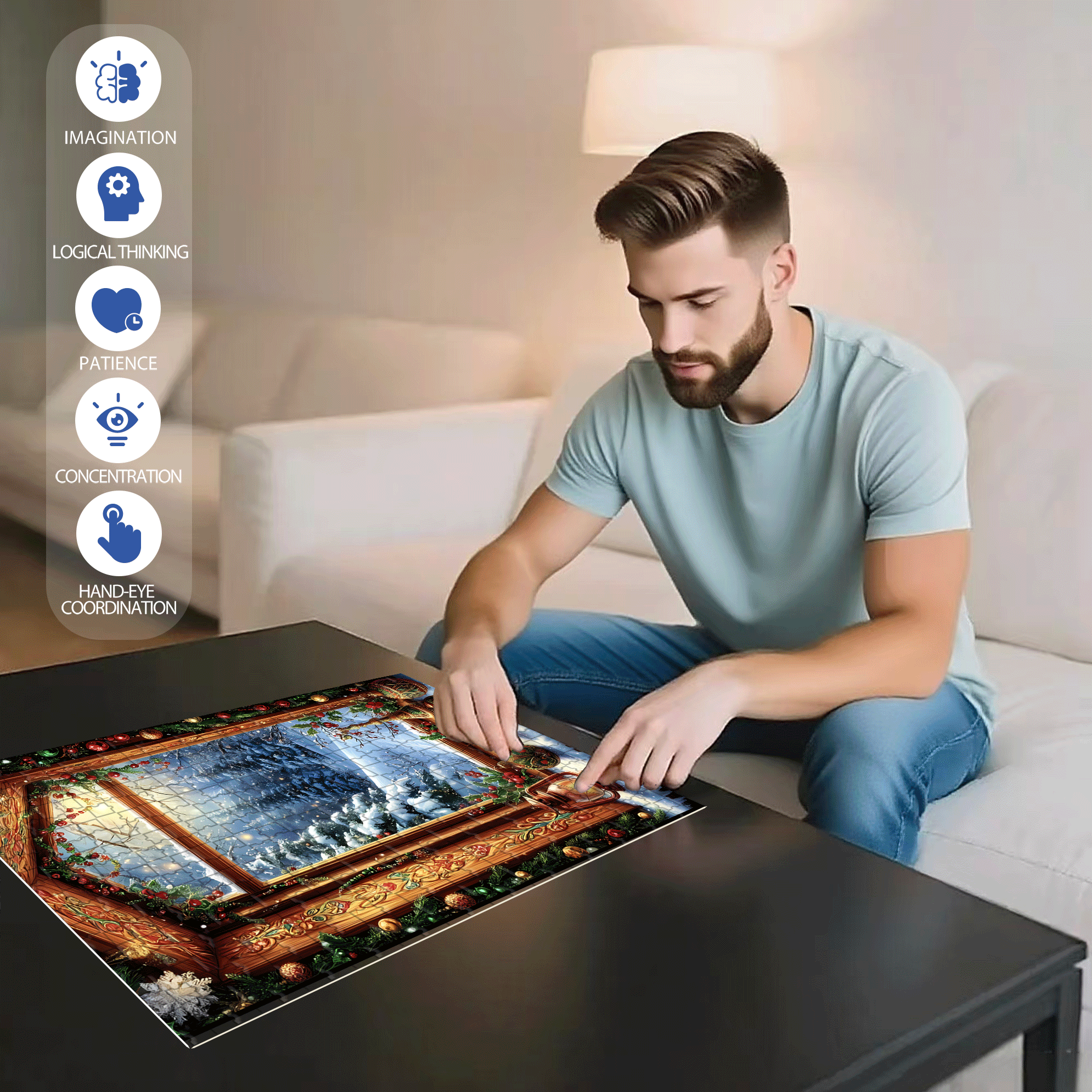 Christmas Snow Scene Window View 500pcs/1000pcs Jigsaw Puzzle, Scratch-Resistant, Interactive Family Game & Brain-Boosting DIY Decor, Perfect for Halloween, Christmas & New Year Gifts, Family Puzzle Game