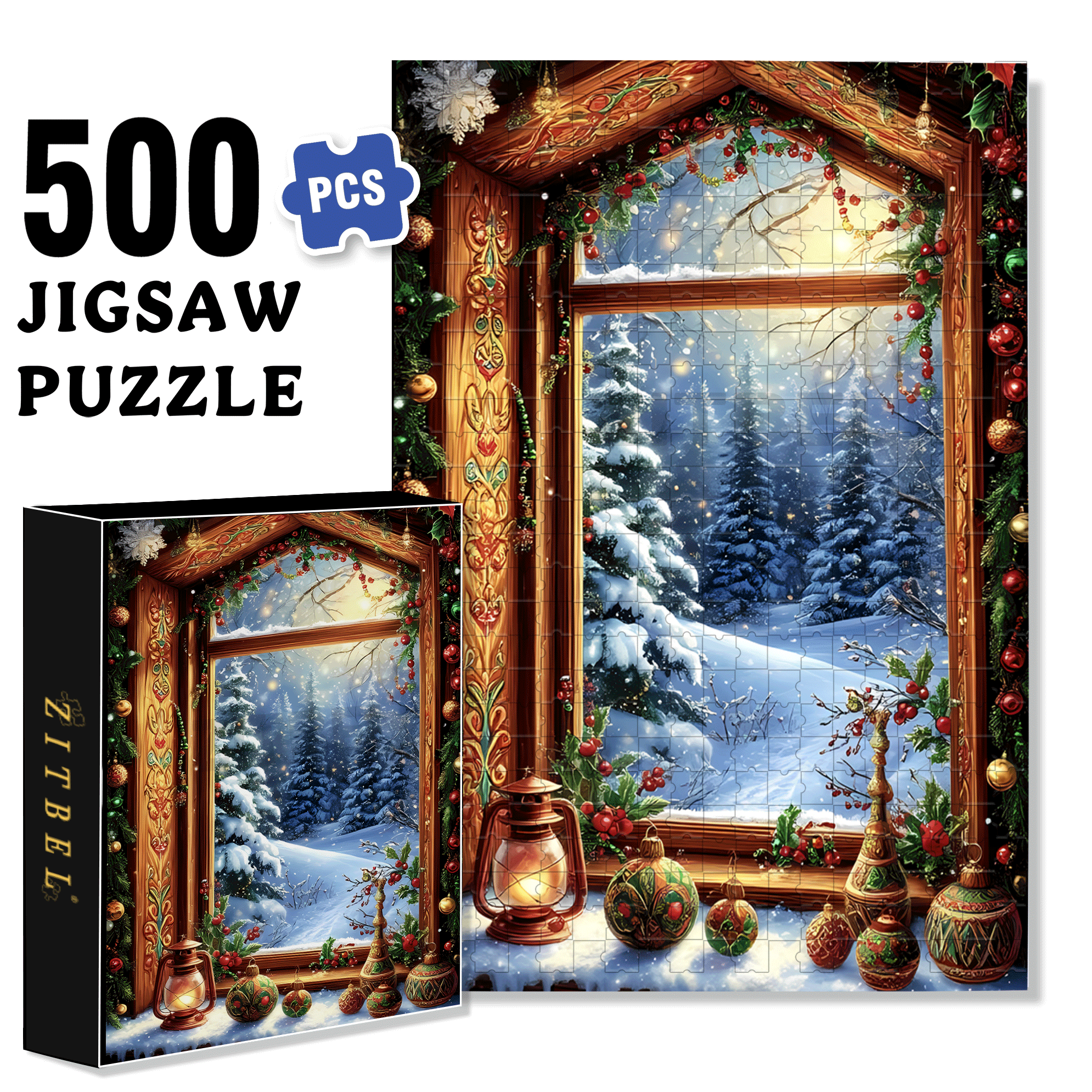 Christmas Snow Scene Window View 500pcs/1000pcs Jigsaw Puzzle, Scratch-Resistant, Interactive Family Game & Brain-Boosting DIY Decor, Perfect for Halloween, Christmas & New Year Gifts, Family Puzzle Game