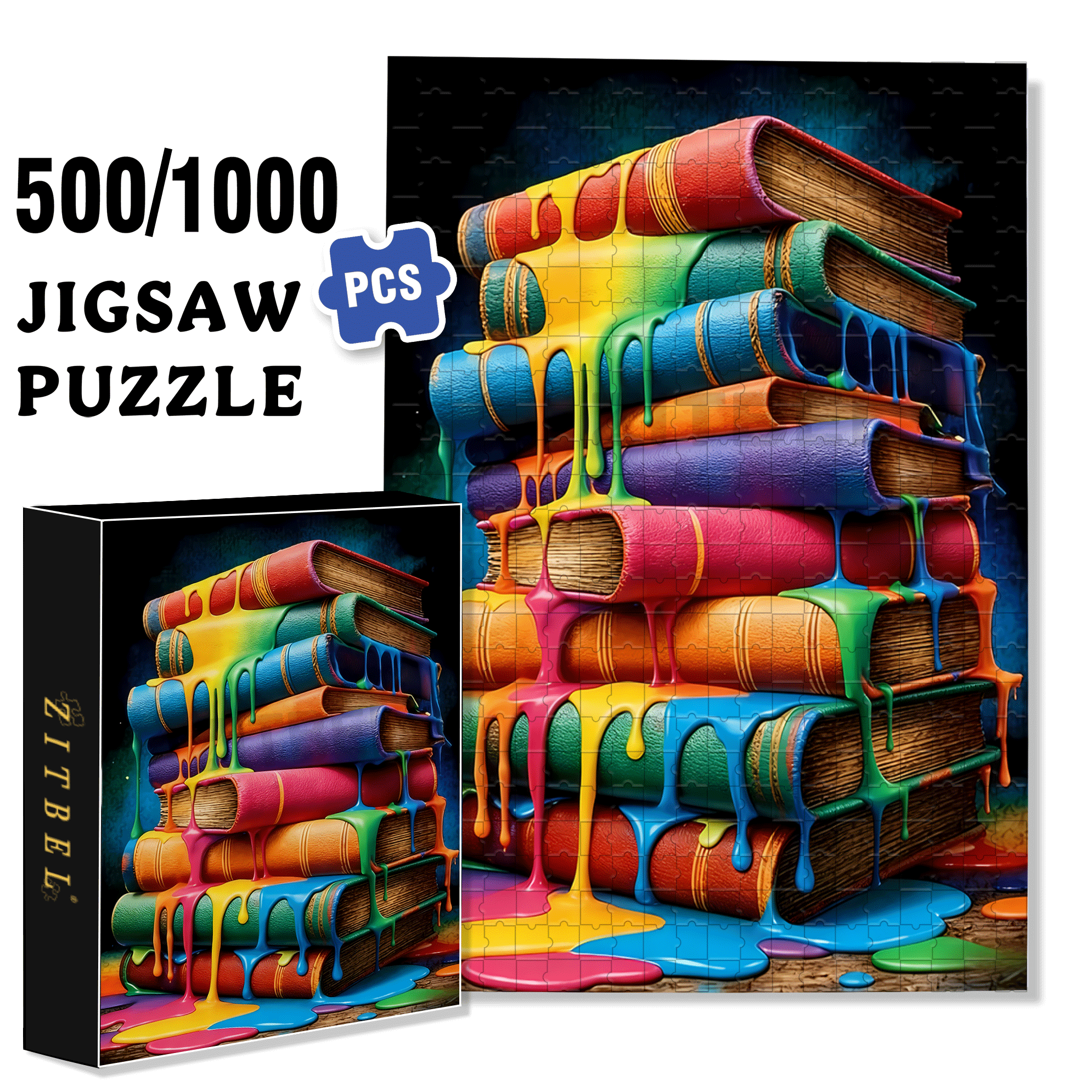 Colorful Book Stack 500pcs/1000pcs Jigsaw Puzzle, Scratch-Resistant, Interactive Family Game & Brain-Boosting DIY Decor, Perfect for Halloween, Christmas & New Year Gifts, Family Puzzle Game