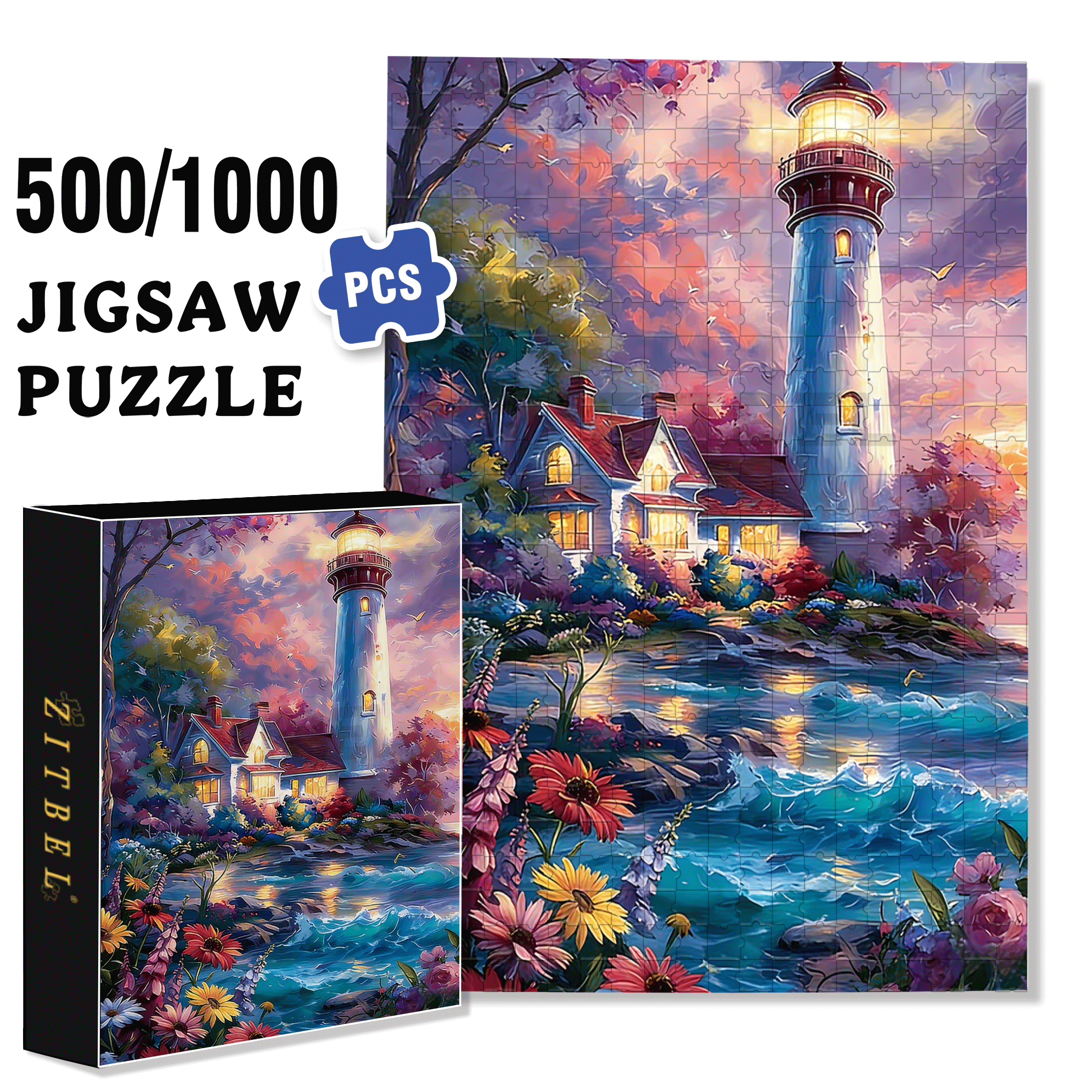Colorful Lighthouse Coast 500pcs/1000pcs Jigsaw Puzzle, Scratch-Resistant, Interactive Family Game & Brain-Boosting DIY Decor, Perfect for Halloween, Christmas & New Year Gifts, Family Puzzle Game