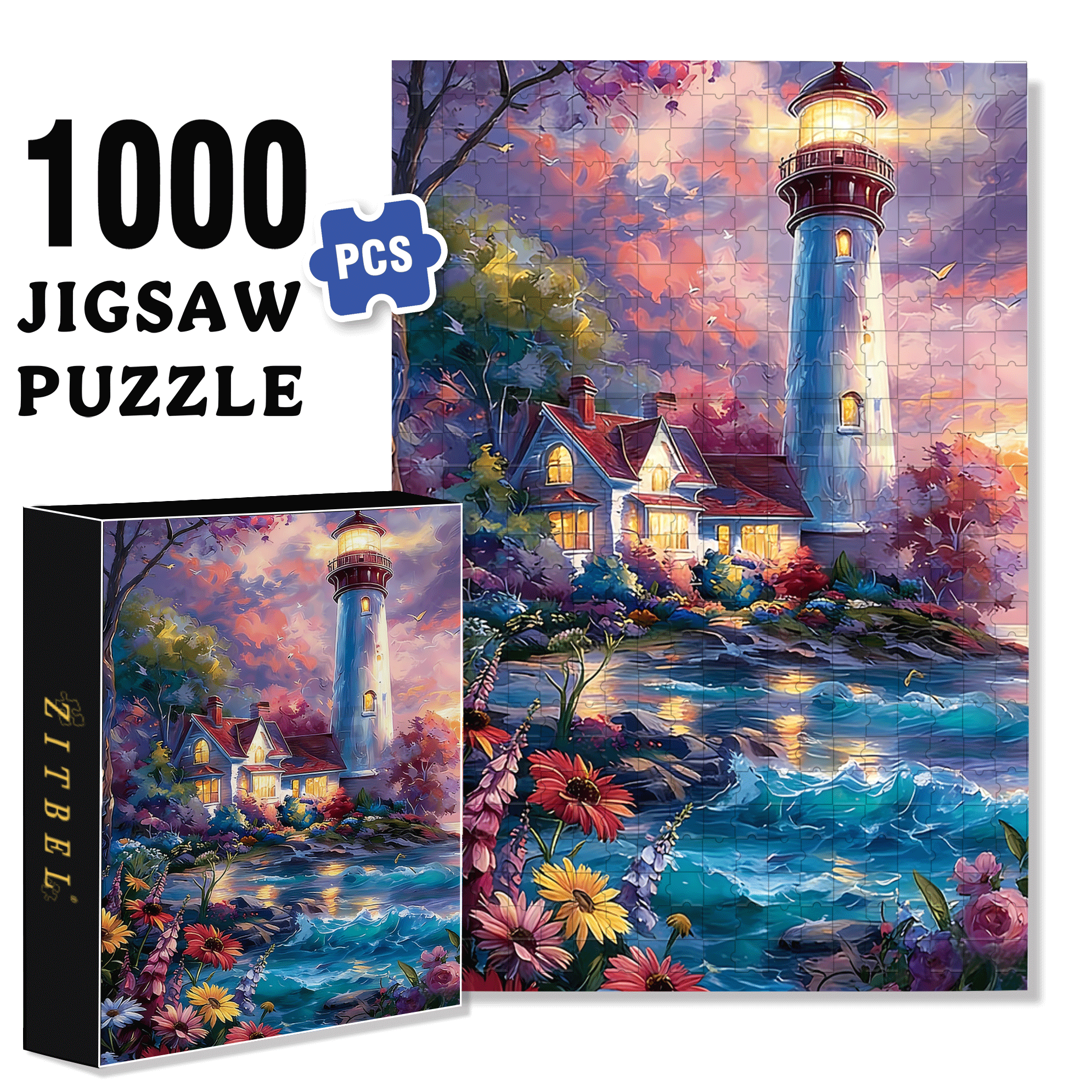 Colorful Lighthouse Coast 500pcs/1000pcs Jigsaw Puzzle, Scratch-Resistant, Interactive Family Game & Brain-Boosting DIY Decor, Perfect for Halloween, Christmas & New Year Gifts, Family Puzzle Game
