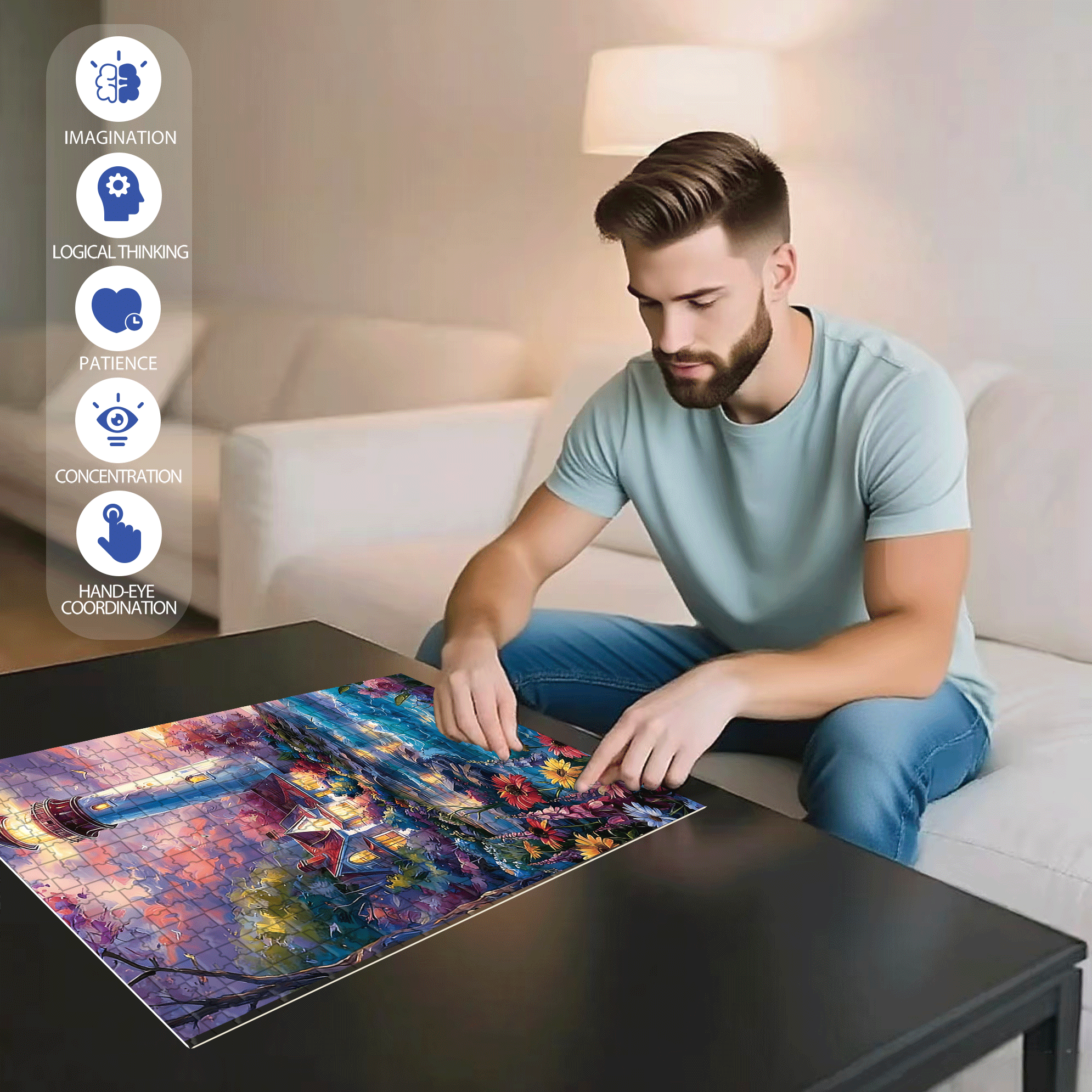 Colorful Lighthouse Coast 500pcs/1000pcs Jigsaw Puzzle, Scratch-Resistant, Interactive Family Game & Brain-Boosting DIY Decor, Perfect for Halloween, Christmas & New Year Gifts, Family Puzzle Game