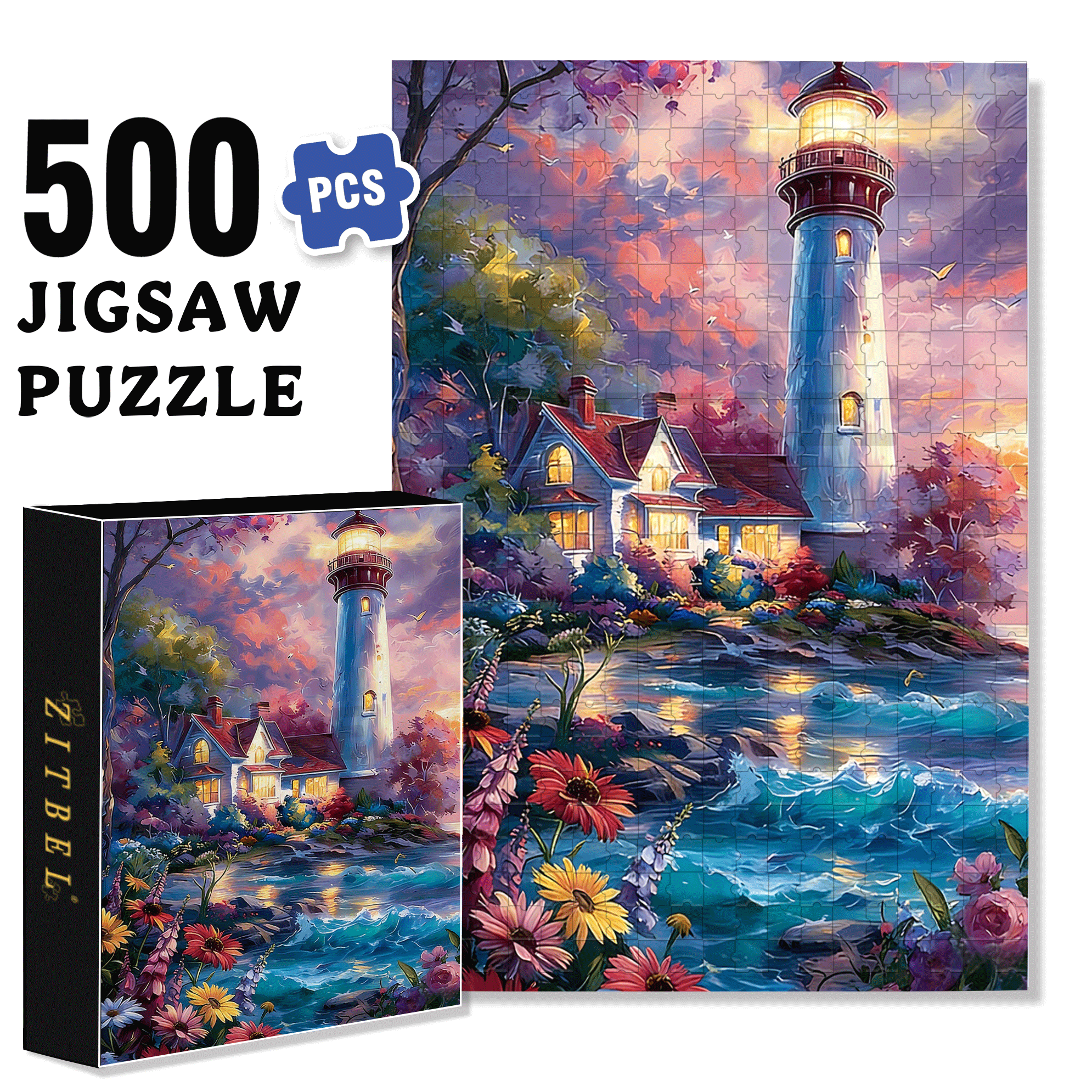 Colorful Lighthouse Coast 500pcs/1000pcs Jigsaw Puzzle, Scratch-Resistant, Interactive Family Game & Brain-Boosting DIY Decor, Perfect for Halloween, Christmas & New Year Gifts, Family Puzzle Game