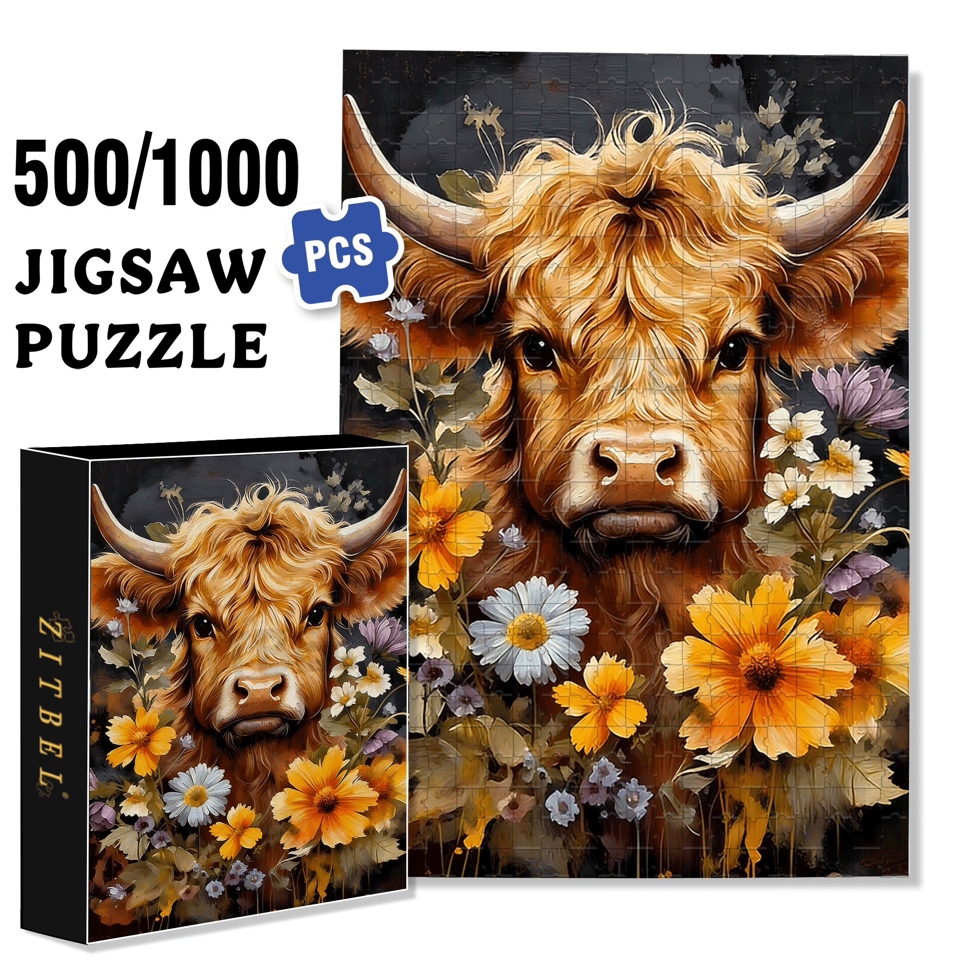 Cow & Floral 500pcs/1000pcs Jigsaw Puzzle, Scratch-Resistant, Interactive Family Game & Brain-Boosting DIY Decor, Perfect for Halloween, Christmas & New Year Gifts, Family Puzzle Game