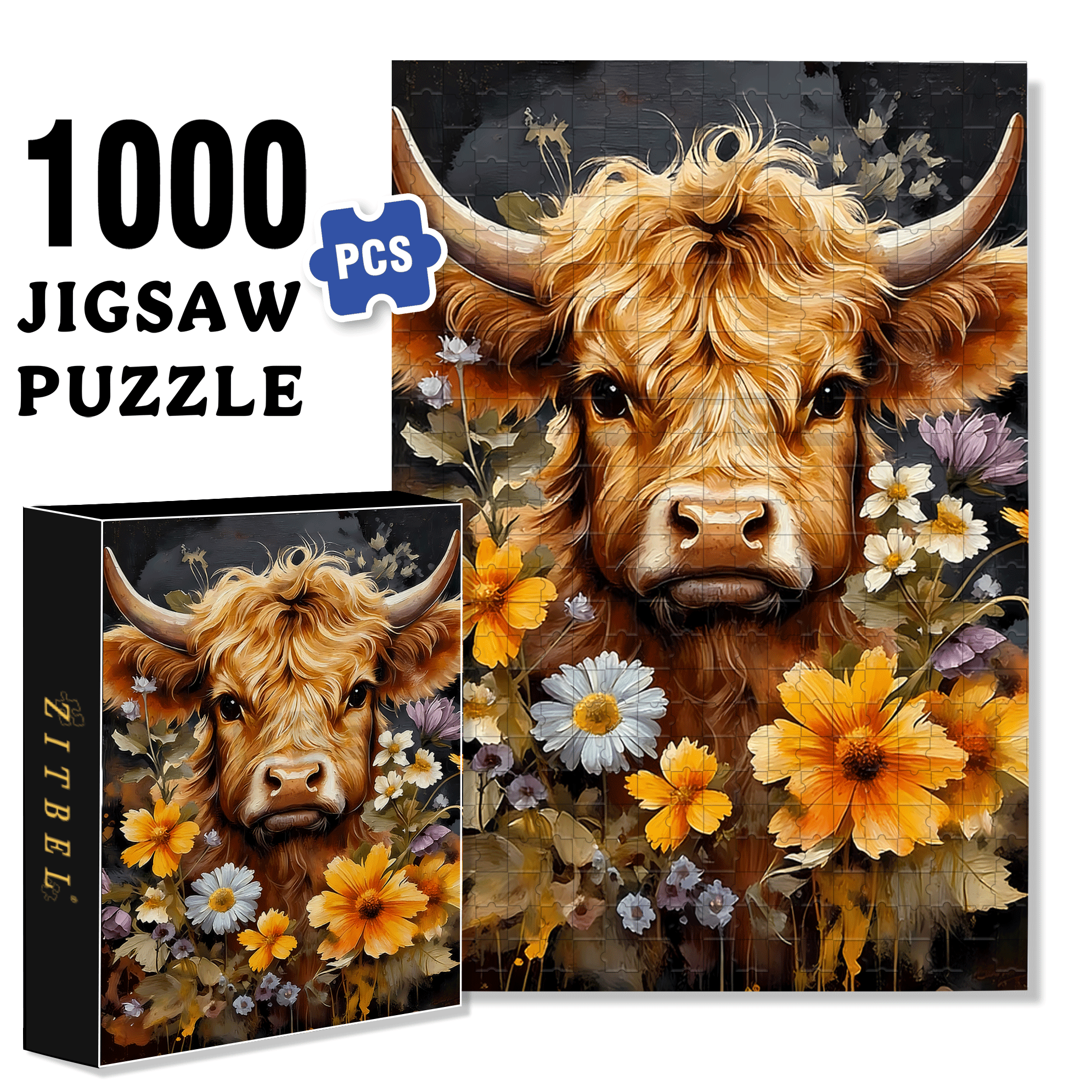 Cow & Floral 500pcs/1000pcs Jigsaw Puzzle, Scratch-Resistant, Interactive Family Game & Brain-Boosting DIY Decor, Perfect for Halloween, Christmas & New Year Gifts, Family Puzzle Game