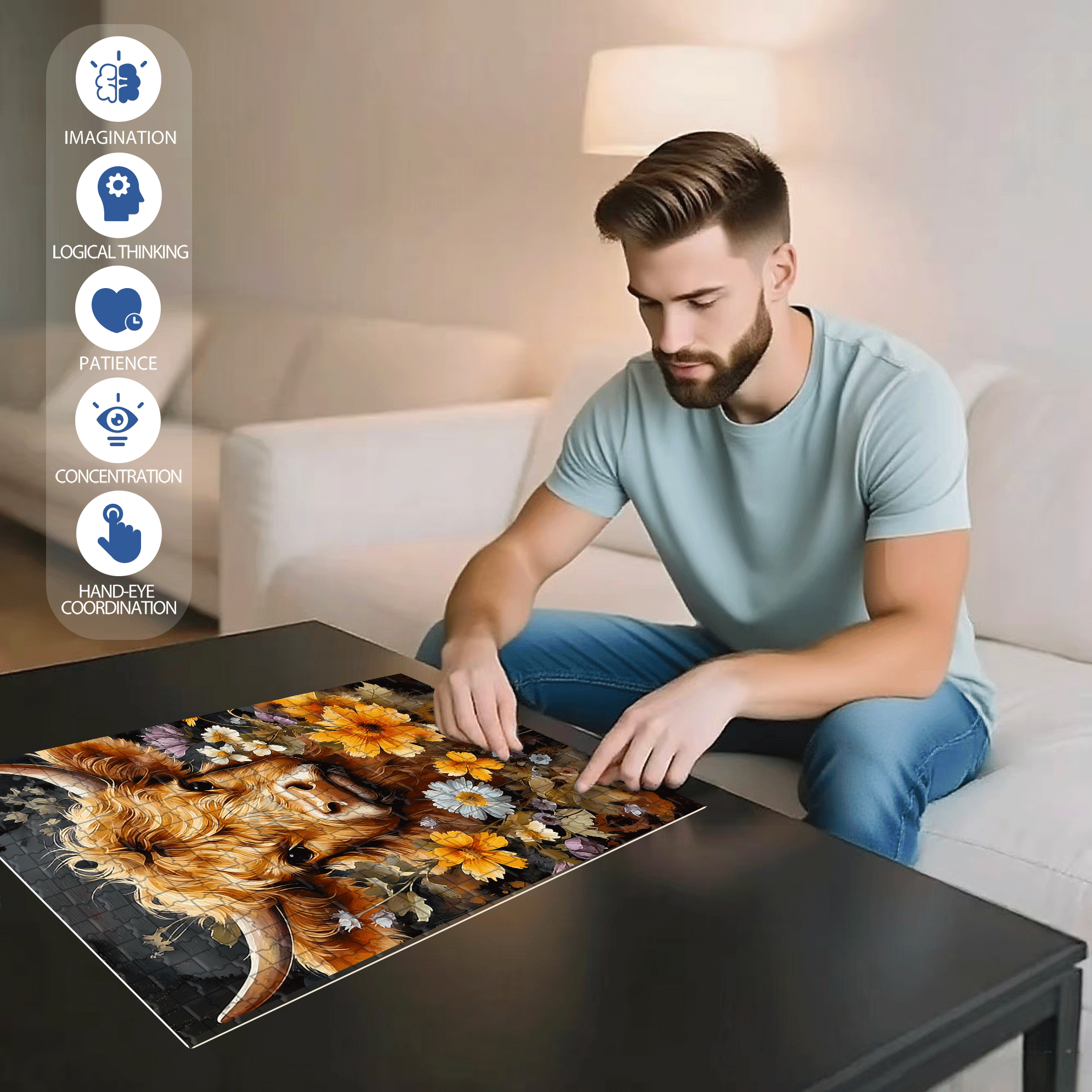 Cow & Floral 500pcs/1000pcs Jigsaw Puzzle, Scratch-Resistant, Interactive Family Game & Brain-Boosting DIY Decor, Perfect for Halloween, Christmas & New Year Gifts, Family Puzzle Game