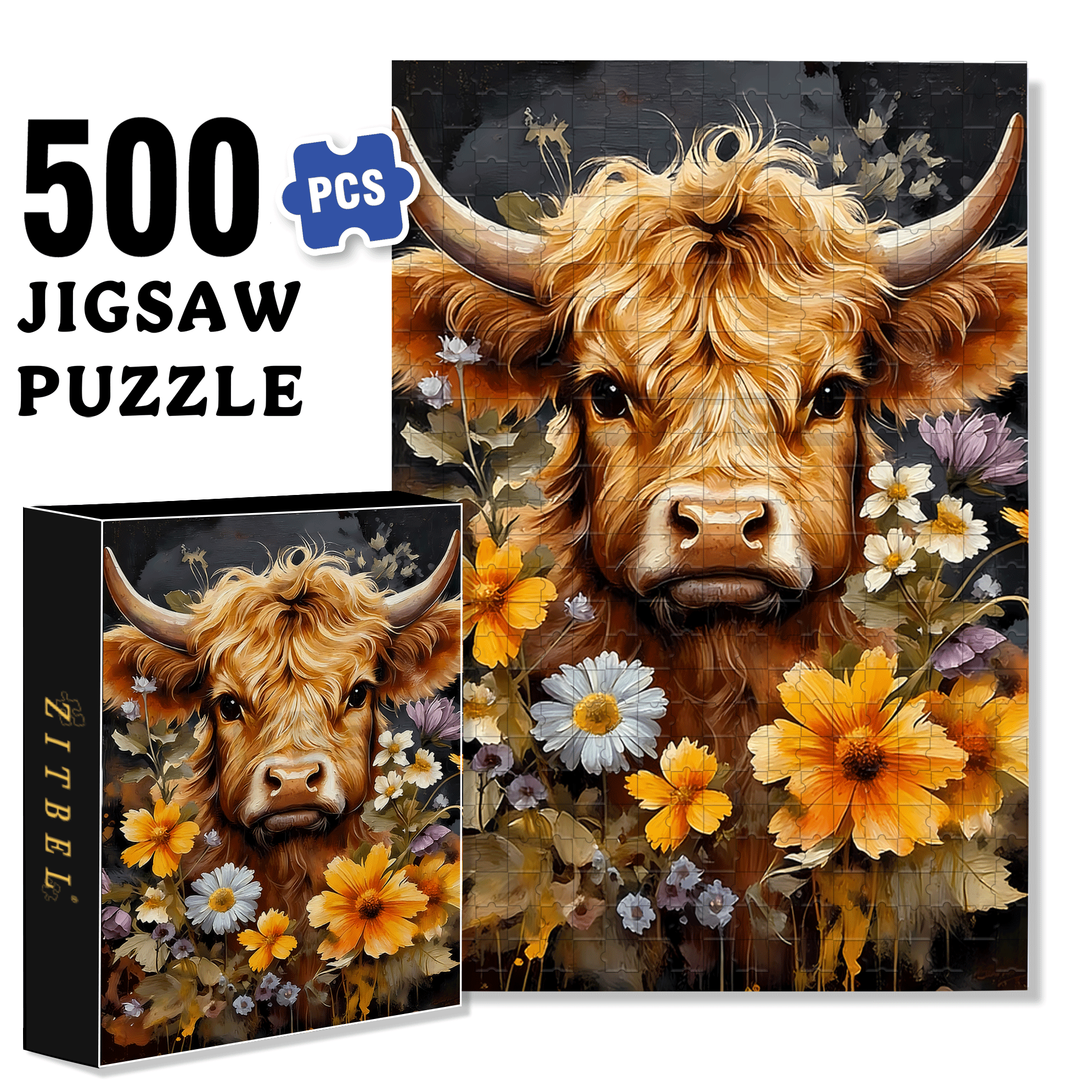 Cow & Floral 500pcs/1000pcs Jigsaw Puzzle, Scratch-Resistant, Interactive Family Game & Brain-Boosting DIY Decor, Perfect for Halloween, Christmas & New Year Gifts, Family Puzzle Game