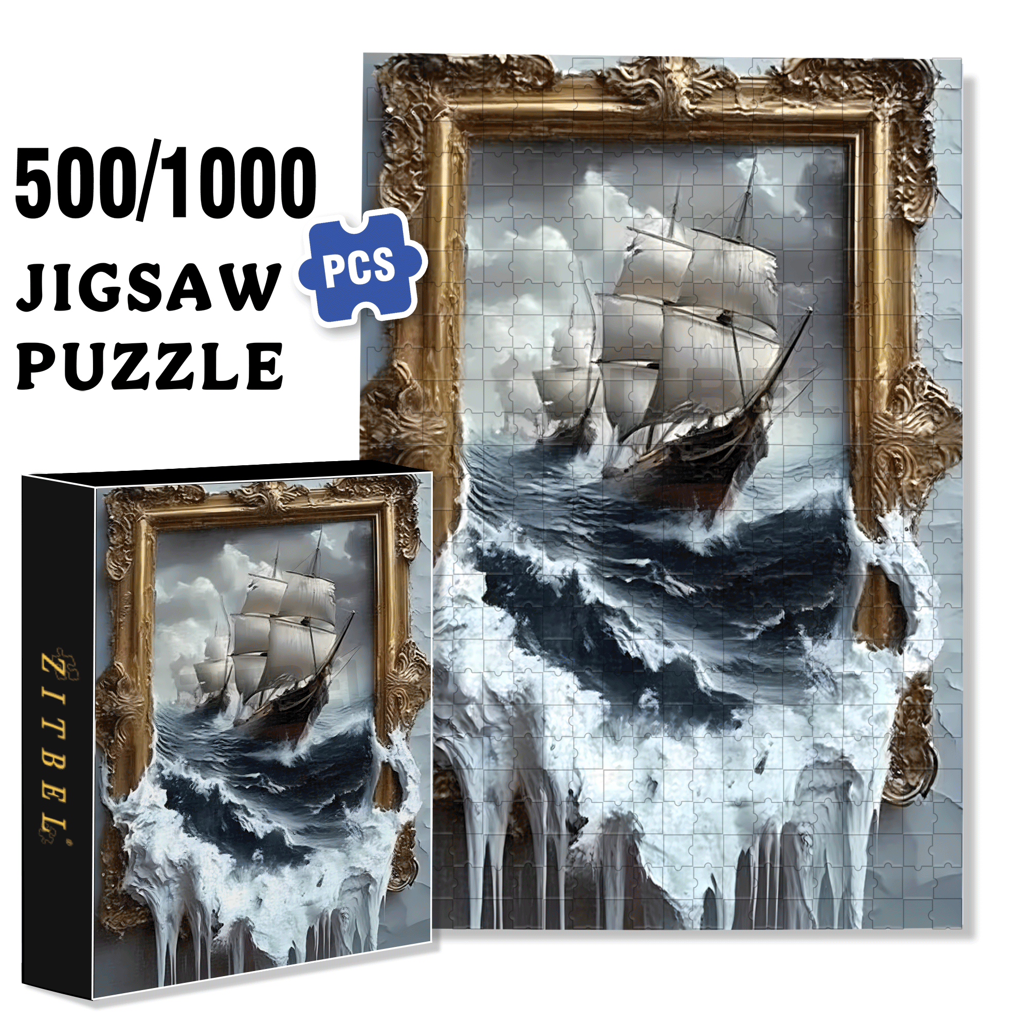 Dramatic Sailing Ship in Stormy Seas with Golden Border 500pcs/1000pcs Jigsaw Puzzle, Scratch-Resistant, Interactive Family Game & Brain-Boosting DIY Decor, Perfect for Halloween, Christmas & New Year Gifts, Family Puzzle Game