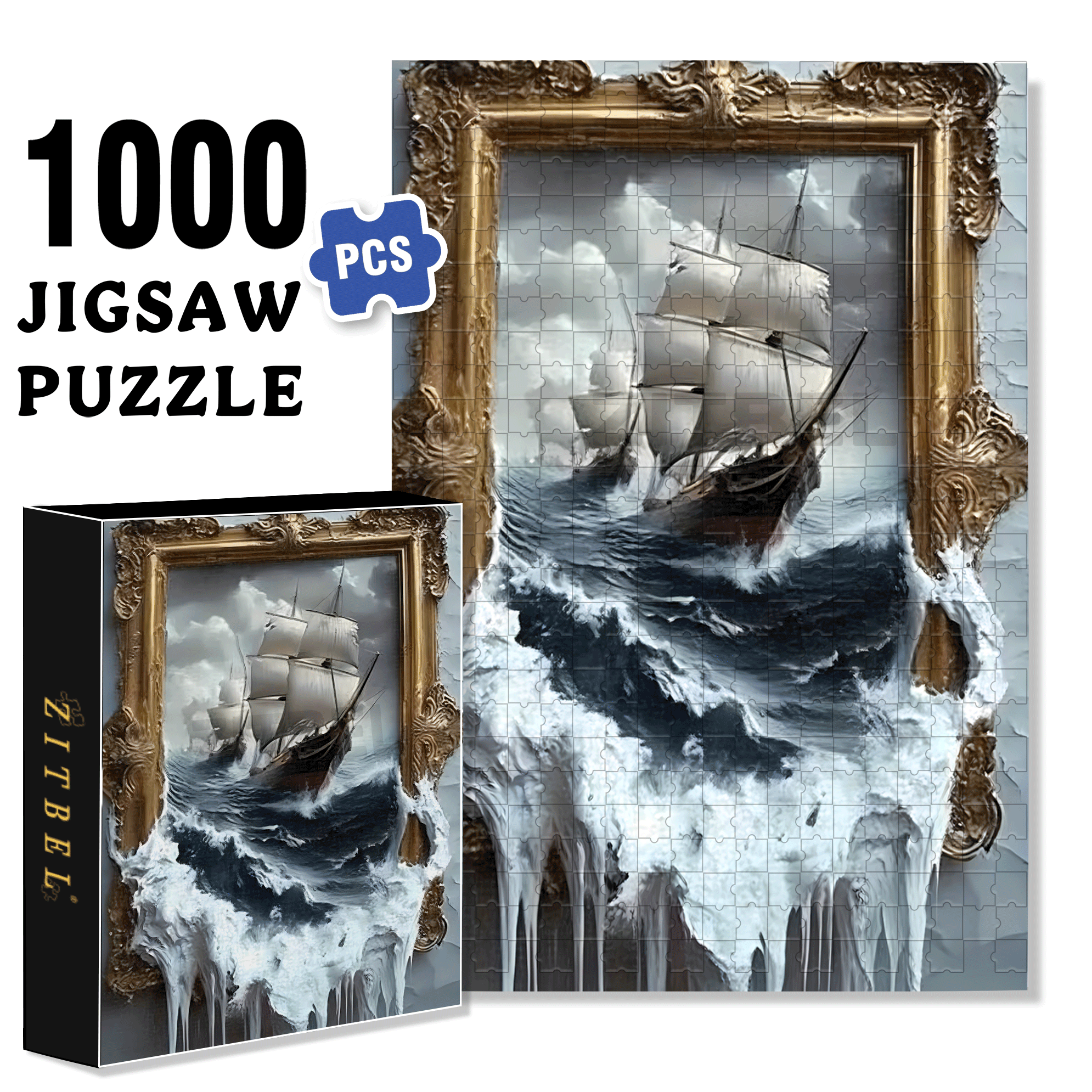 Dramatic Sailing Ship in Stormy Seas with Golden Border 500pcs/1000pcs Jigsaw Puzzle, Scratch-Resistant, Interactive Family Game & Brain-Boosting DIY Decor, Perfect for Halloween, Christmas & New Year Gifts, Family Puzzle Game