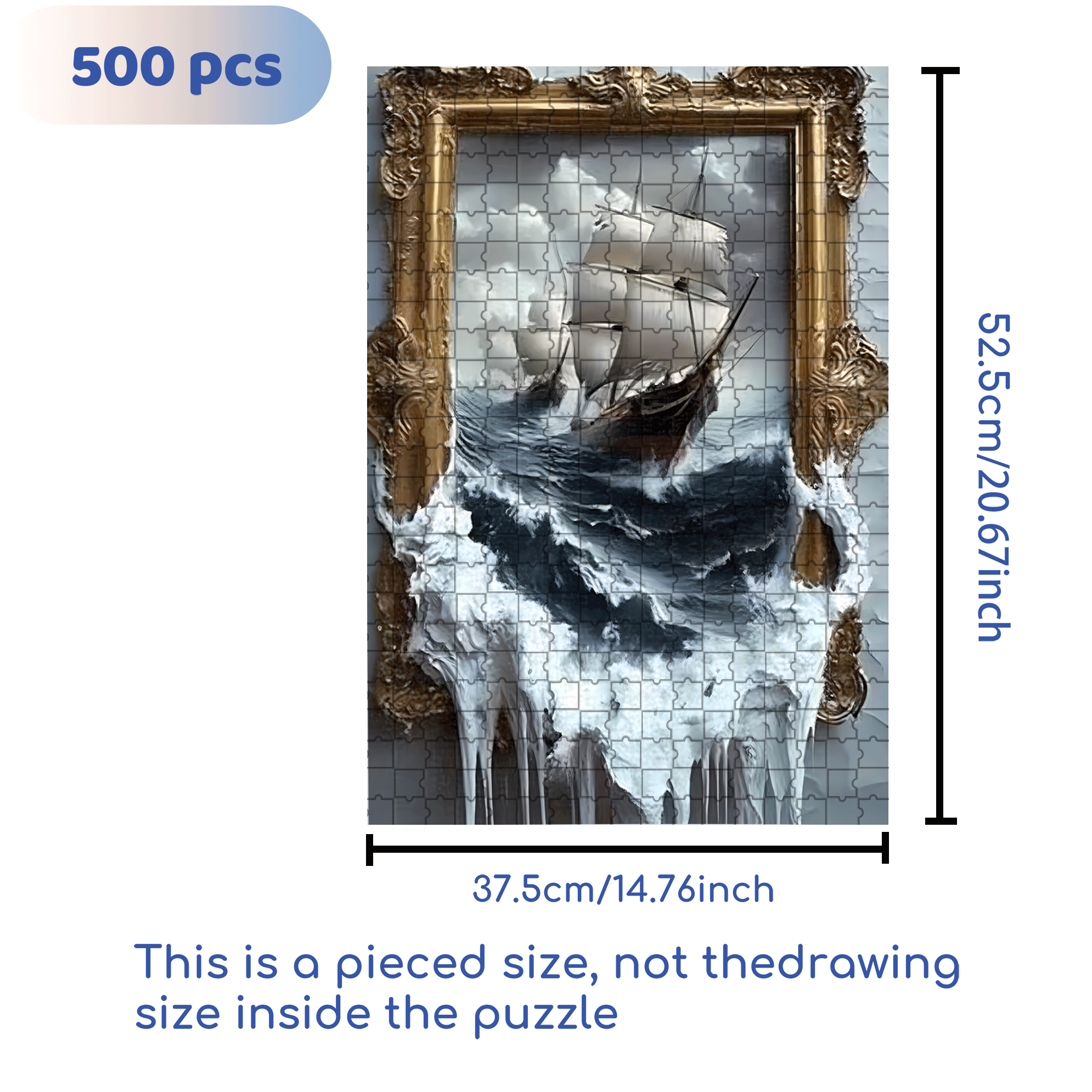 Dramatic Sailing Ship in Stormy Seas with Golden Border 500pcs/1000pcs Jigsaw Puzzle, Scratch-Resistant, Interactive Family Game & Brain-Boosting DIY Decor, Perfect for Halloween, Christmas & New Year Gifts, Family Puzzle Game