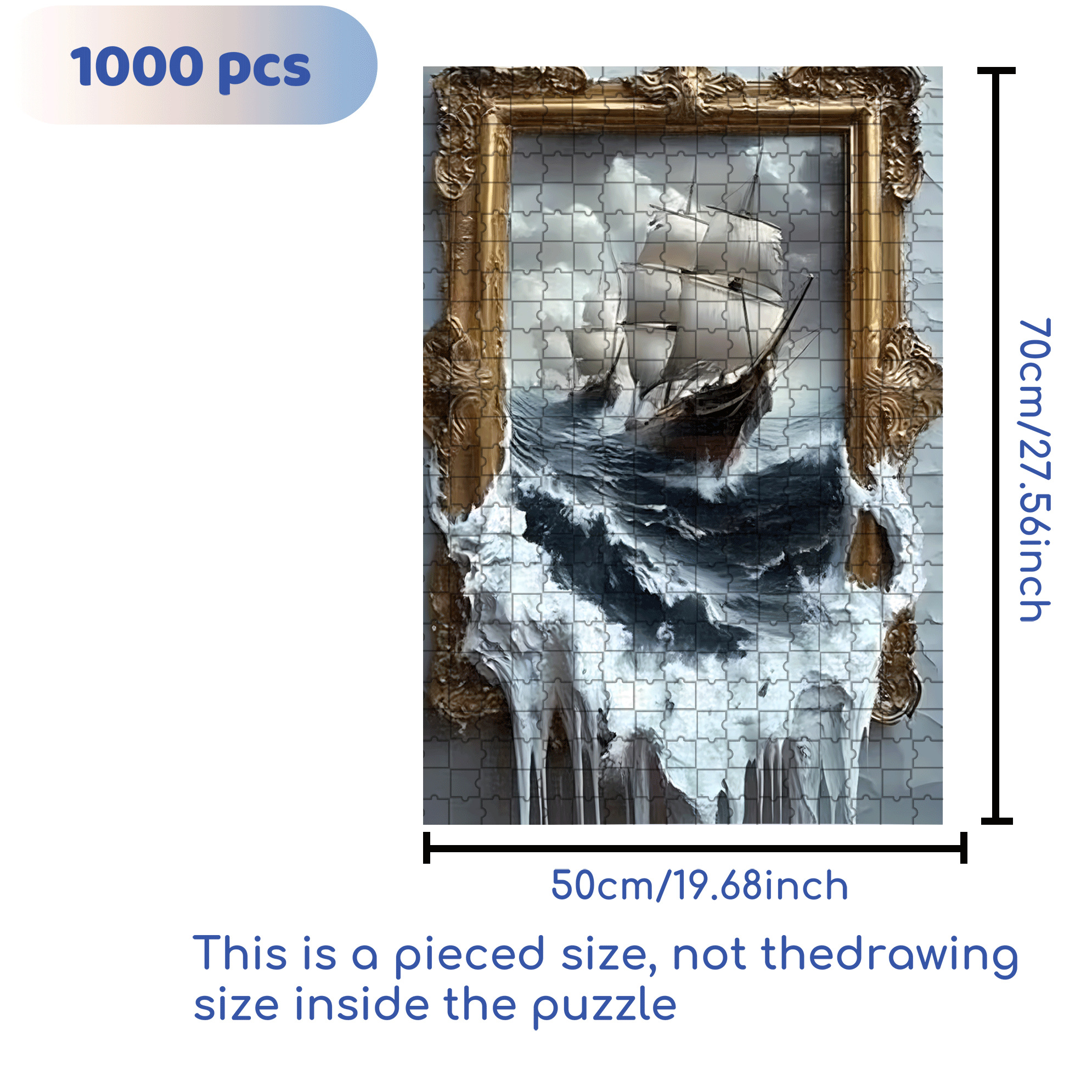 Dramatic Sailing Ship in Stormy Seas with Golden Border 500pcs/1000pcs Jigsaw Puzzle, Scratch-Resistant, Interactive Family Game & Brain-Boosting DIY Decor, Perfect for Halloween, Christmas & New Year Gifts, Family Puzzle Game