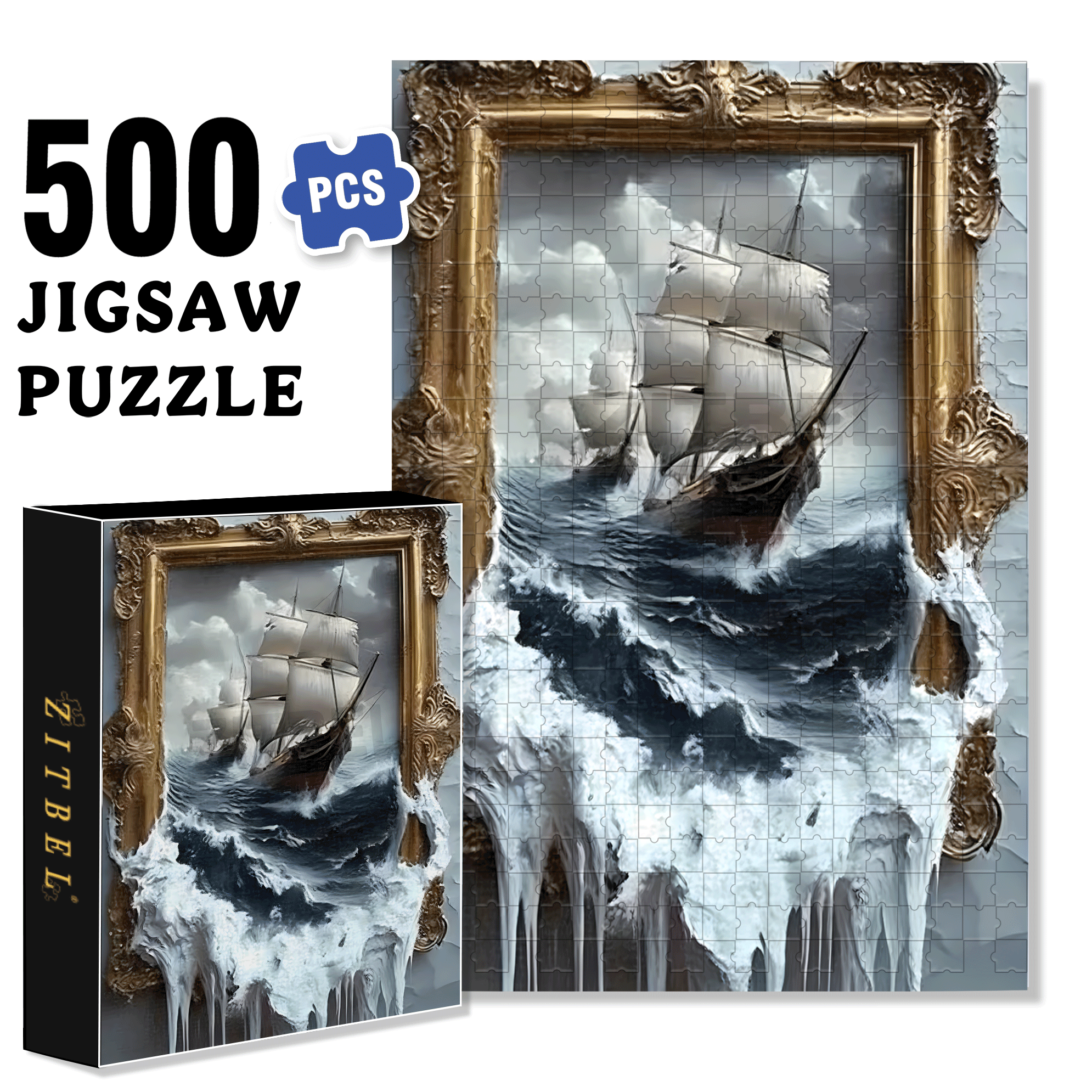 Dramatic Sailing Ship in Stormy Seas with Golden Border 500pcs/1000pcs Jigsaw Puzzle, Scratch-Resistant, Interactive Family Game & Brain-Boosting DIY Decor, Perfect for Halloween, Christmas & New Year Gifts, Family Puzzle Game