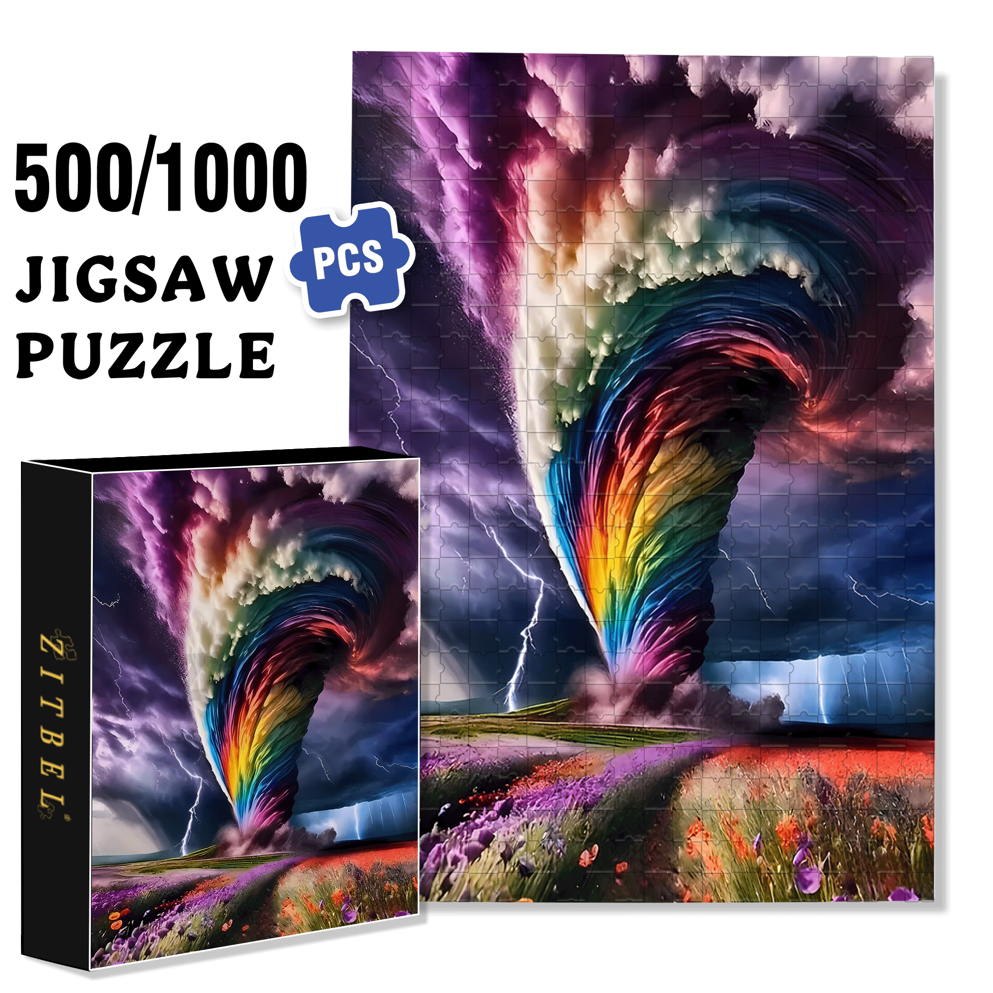 Large Tornado Storm with Rainbow 500pcs/1000pcs Jigsaw Puzzle, Scratch-Resistant, Interactive Family Game & Brain-Boosting DIY Decor, Perfect for Halloween, Christmas & New Year Gifts, Family Puzzle Game