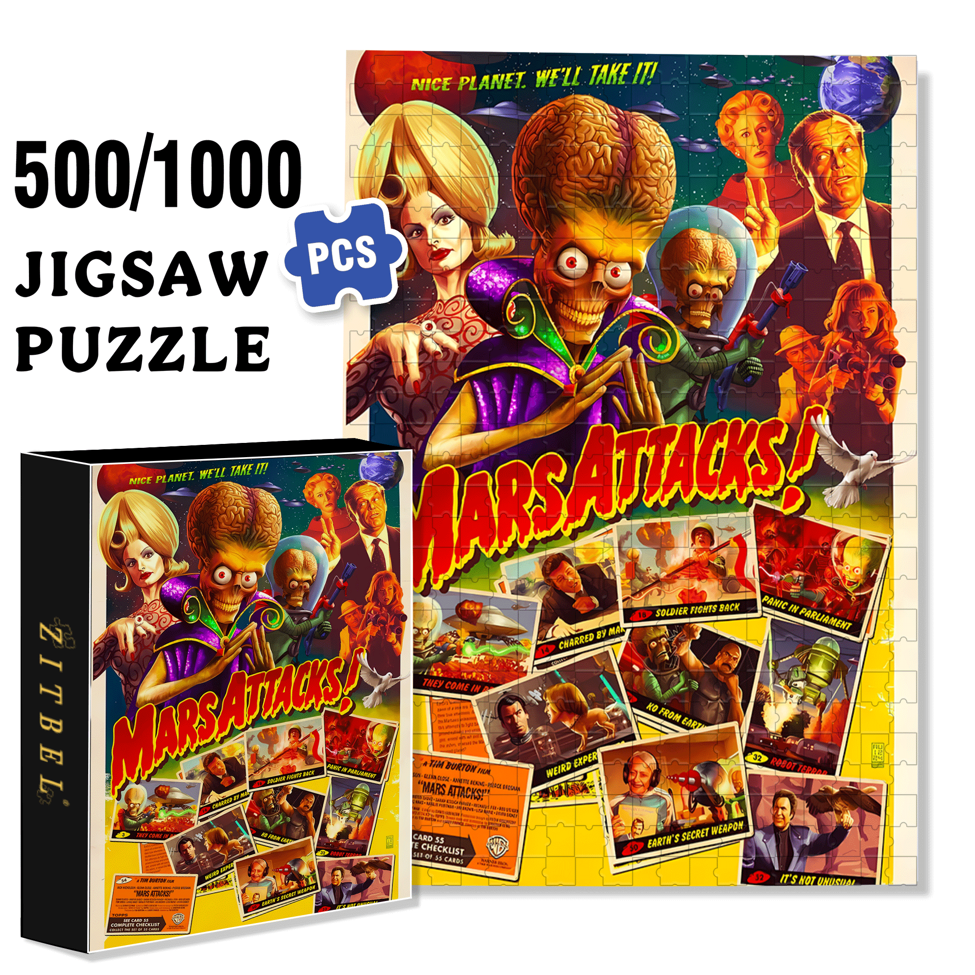 Mars Attacks 500pcs/1000pcs Jigsaw Puzzle, Scratch-Resistant, Interactive Family Game & Brain-Boosting DIY Decor, Perfect for Halloween, Christmas & New Year Gifts, Family Puzzle Game