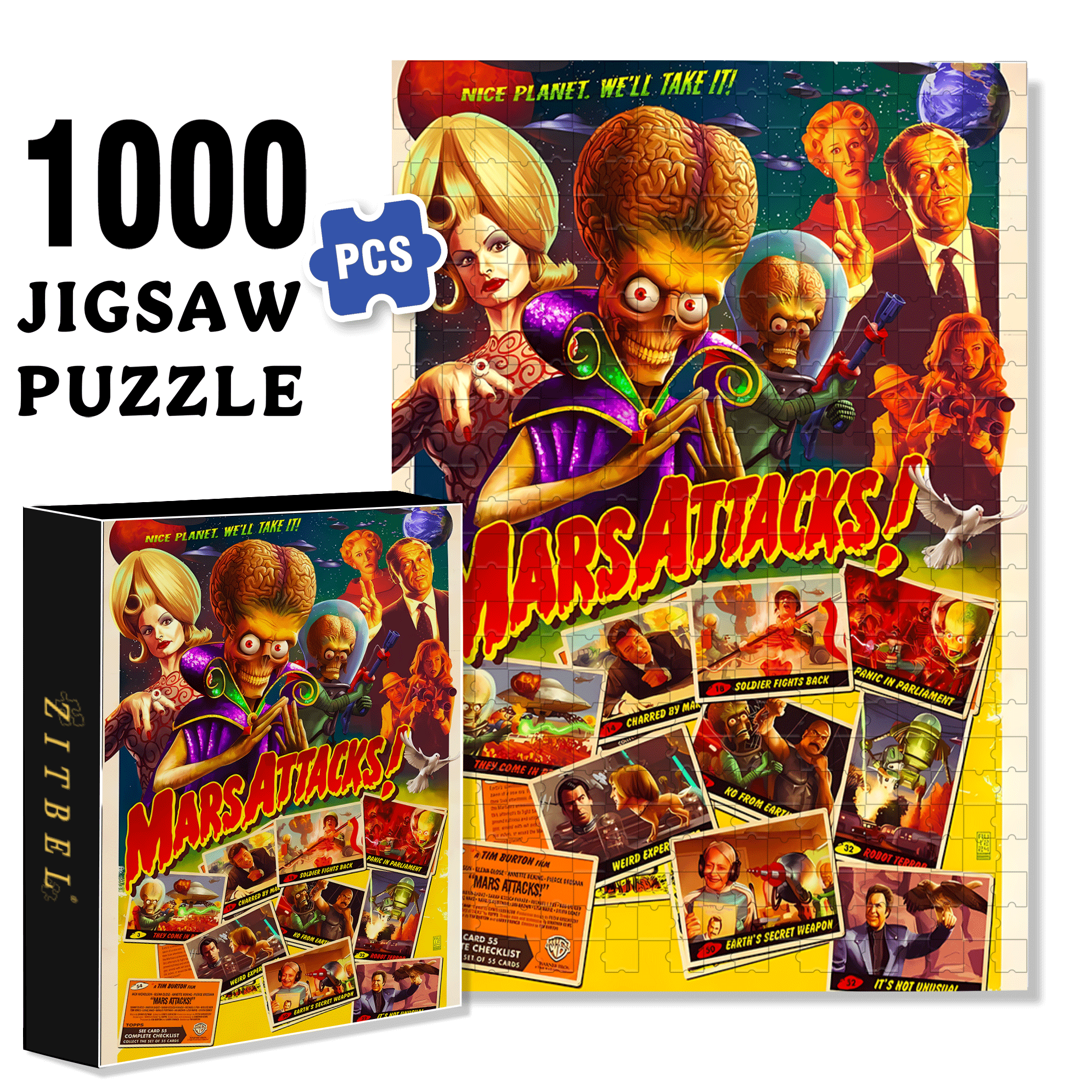 Mars Attacks 500pcs/1000pcs Jigsaw Puzzle, Scratch-Resistant, Interactive Family Game & Brain-Boosting DIY Decor, Perfect for Halloween, Christmas & New Year Gifts, Family Puzzle Game