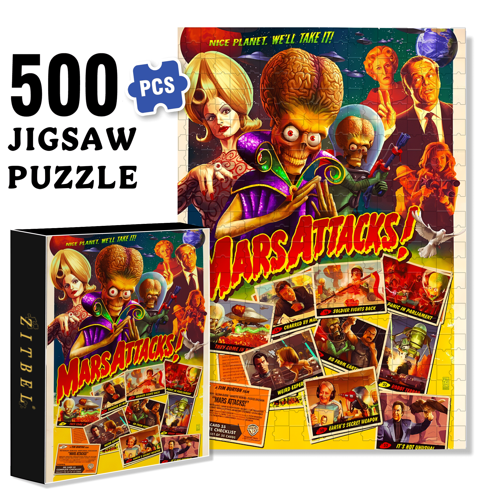Mars Attacks 500pcs/1000pcs Jigsaw Puzzle, Scratch-Resistant, Interactive Family Game & Brain-Boosting DIY Decor, Perfect for Halloween, Christmas & New Year Gifts, Family Puzzle Game