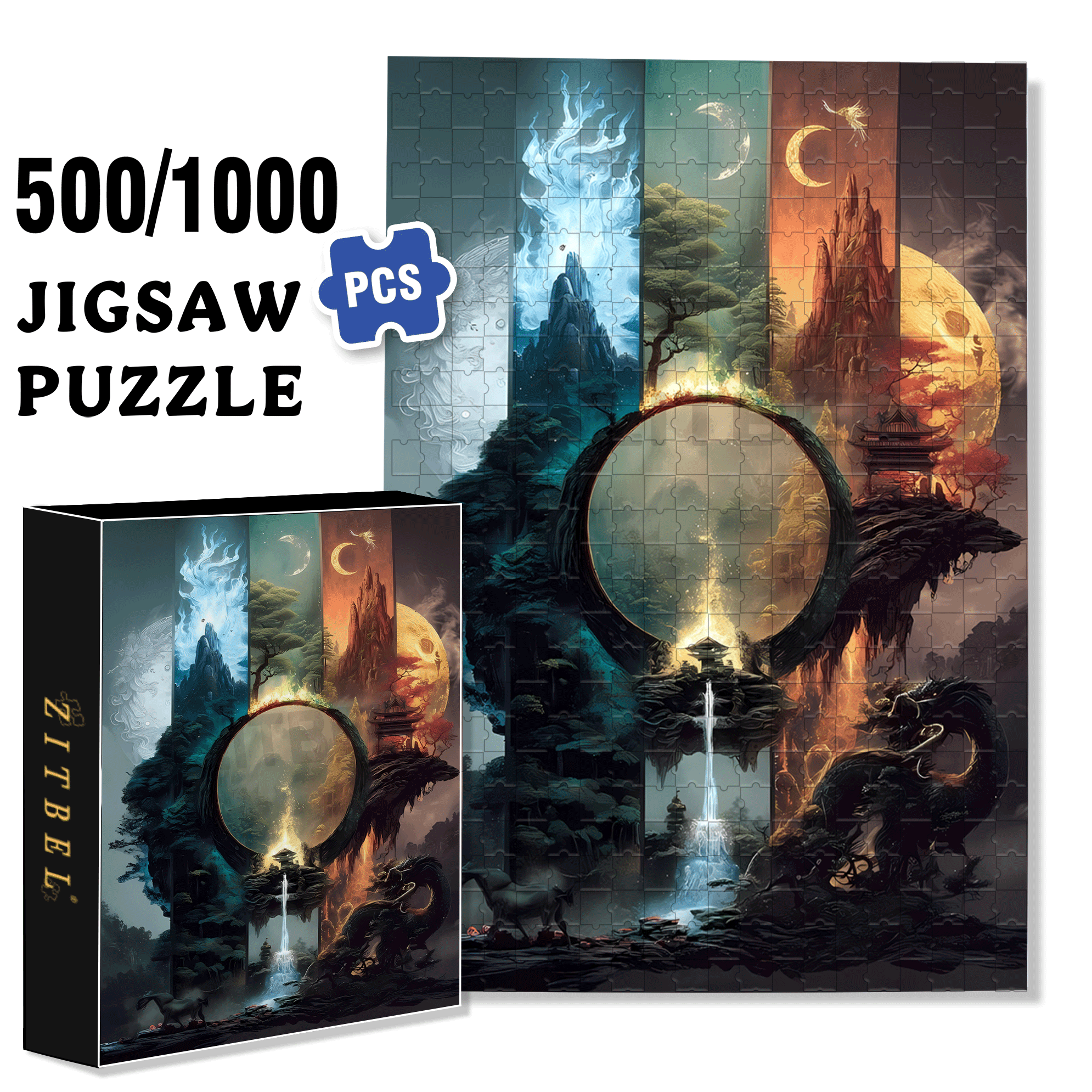 Mountain and Water Dragon Realm 500pcs/1000pcs Jigsaw Puzzle, Scratch-Resistant, Interactive Family Game & Brain-Boosting DIY Decor, Perfect for Halloween, Christmas & New Year Gifts, Family Puzzle Game