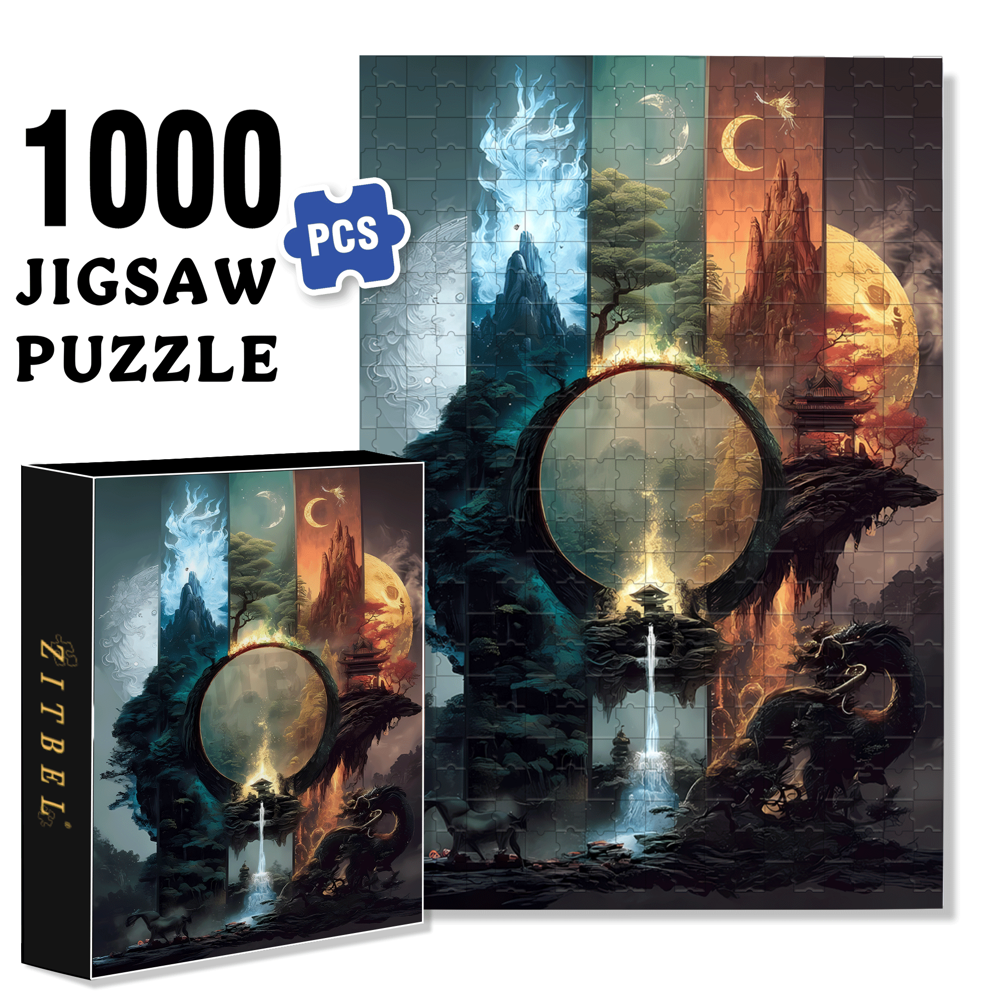 Mountain and Water Dragon Realm 500pcs/1000pcs Jigsaw Puzzle, Scratch-Resistant, Interactive Family Game & Brain-Boosting DIY Decor, Perfect for Halloween, Christmas & New Year Gifts, Family Puzzle Game