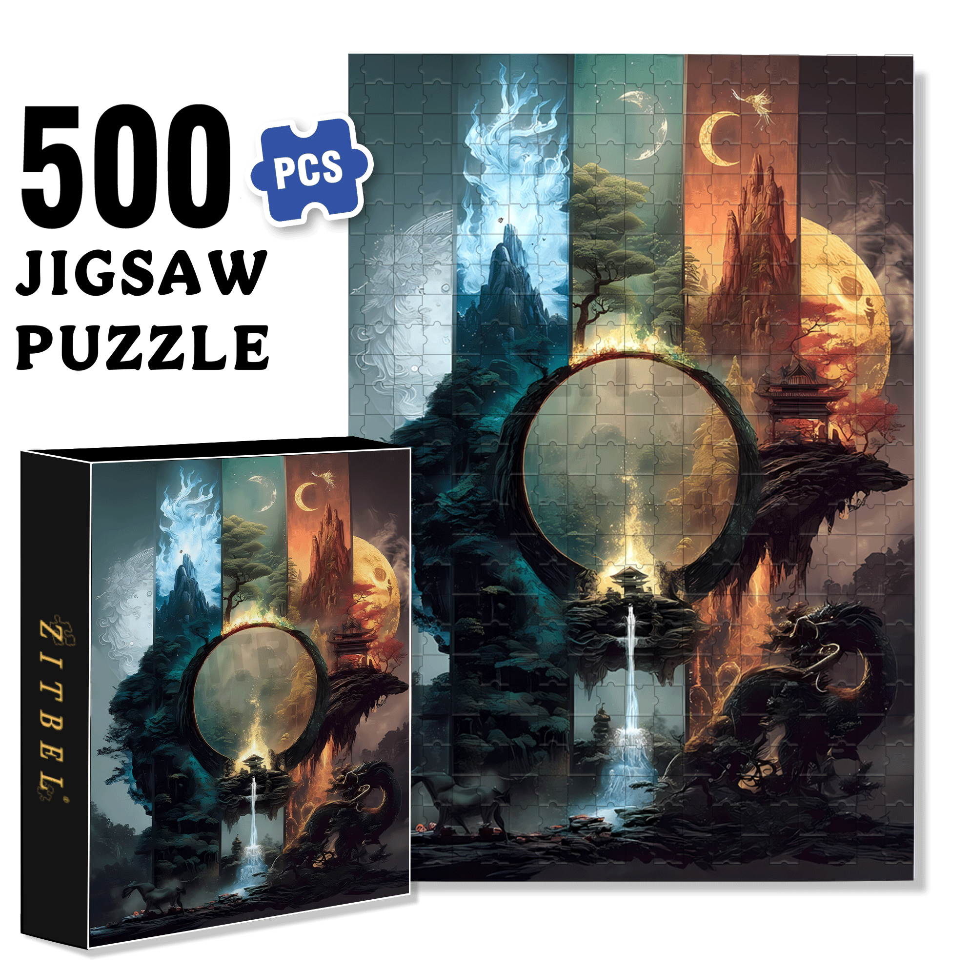 Mountain and Water Dragon Realm 500pcs/1000pcs Jigsaw Puzzle, Scratch-Resistant, Interactive Family Game & Brain-Boosting DIY Decor, Perfect for Halloween, Christmas & New Year Gifts, Family Puzzle Game