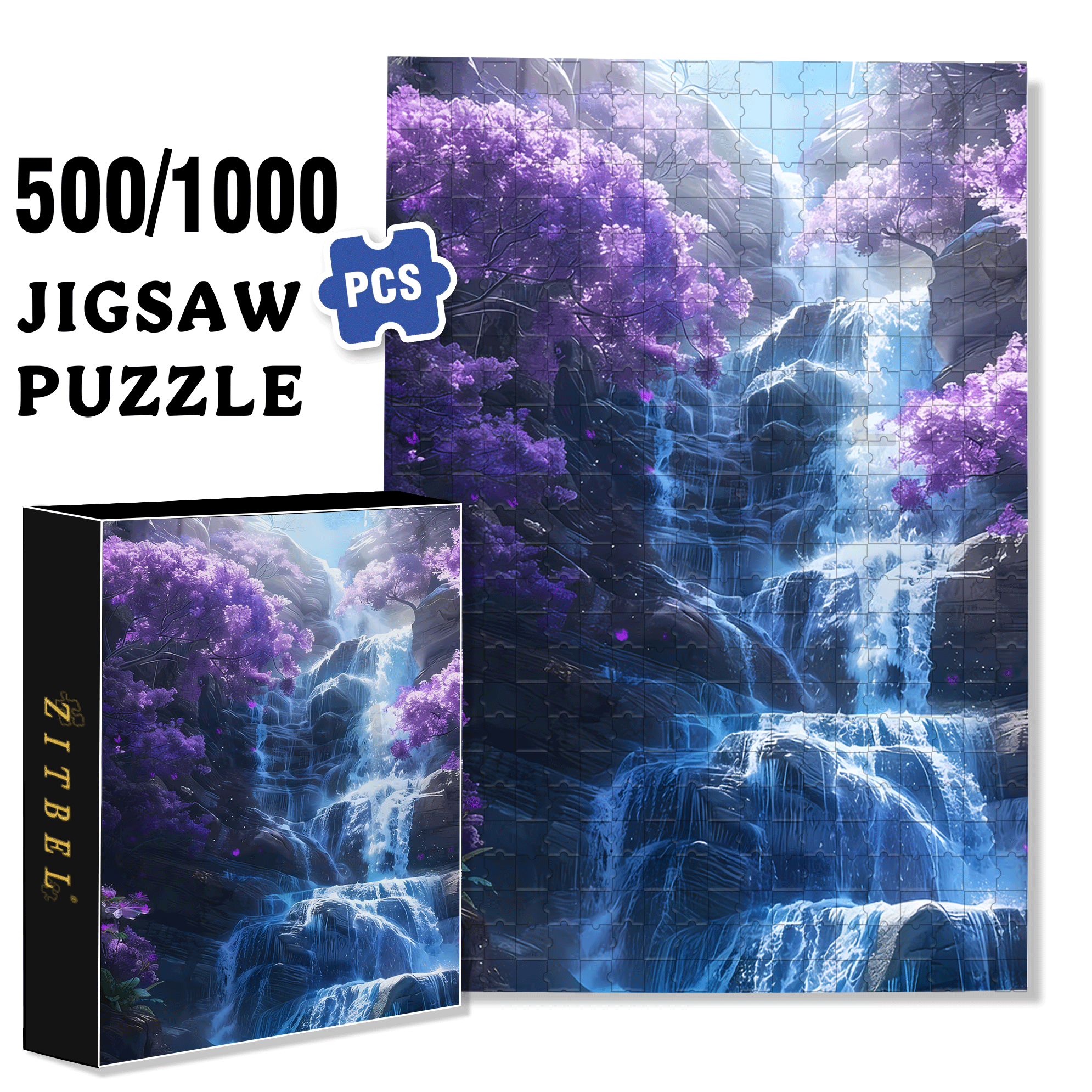 Purple Waterfall 500pcs/1000pcs Jigsaw Puzzle, Scratch-Resistant, Interactive Family Game & Brain-Boosting DIY Decor, Perfect for Halloween, Christmas & New Year Gifts, Family Puzzle Game