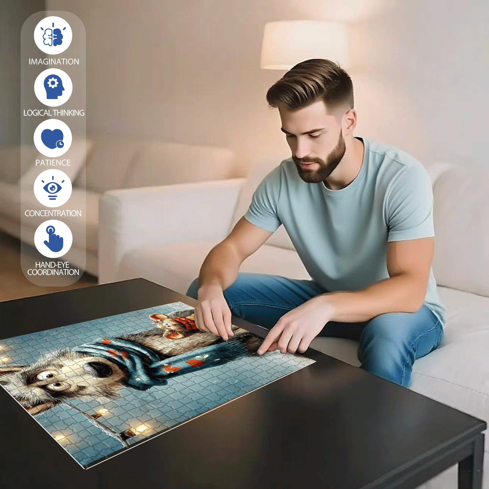 Warm Companions On Winter Nights 500pcs/1000pcs Jigsaw Puzzle, Scratch-Resistant, Interactive Family Game & Brain-Boosting DIY Decor, Perfect for Halloween, Christmas & New Year Gifts, Family Puzzle Game