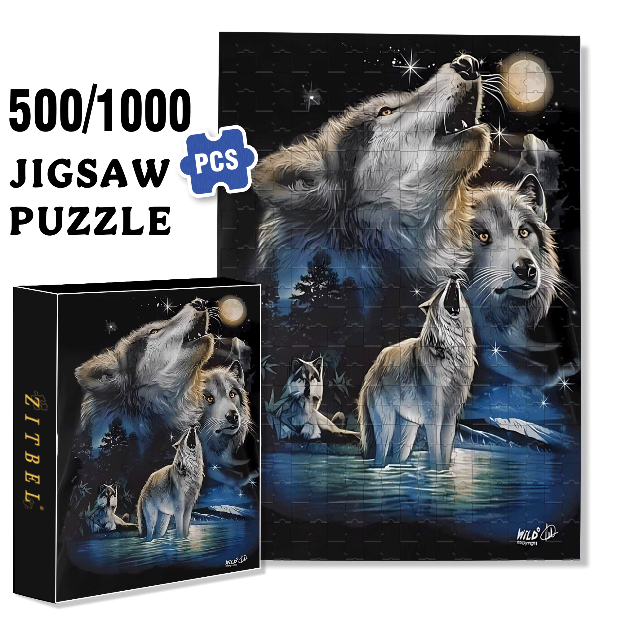Wolf Howls Under The Moon 500pcs/1000pcs Jigsaw Puzzle, Scratch-Resistant, Interactive Family Game & Brain-Boosting DIY Decor, Perfect for Halloween, Christmas & New Year Gifts, Family Puzzle Game