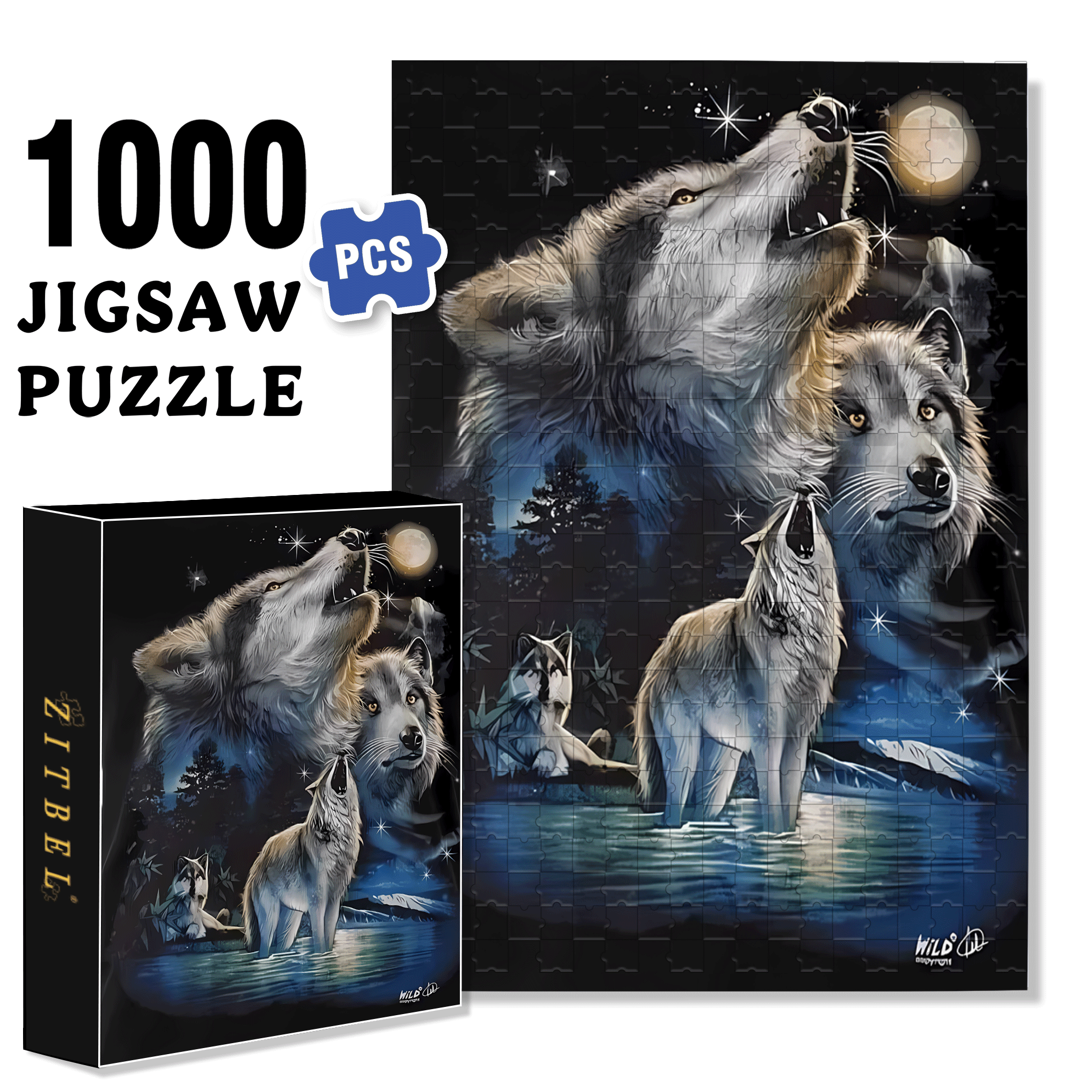 Wolf Howls Under The Moon 500pcs/1000pcs Jigsaw Puzzle, Scratch-Resistant, Interactive Family Game & Brain-Boosting DIY Decor, Perfect for Halloween, Christmas & New Year Gifts, Family Puzzle Game