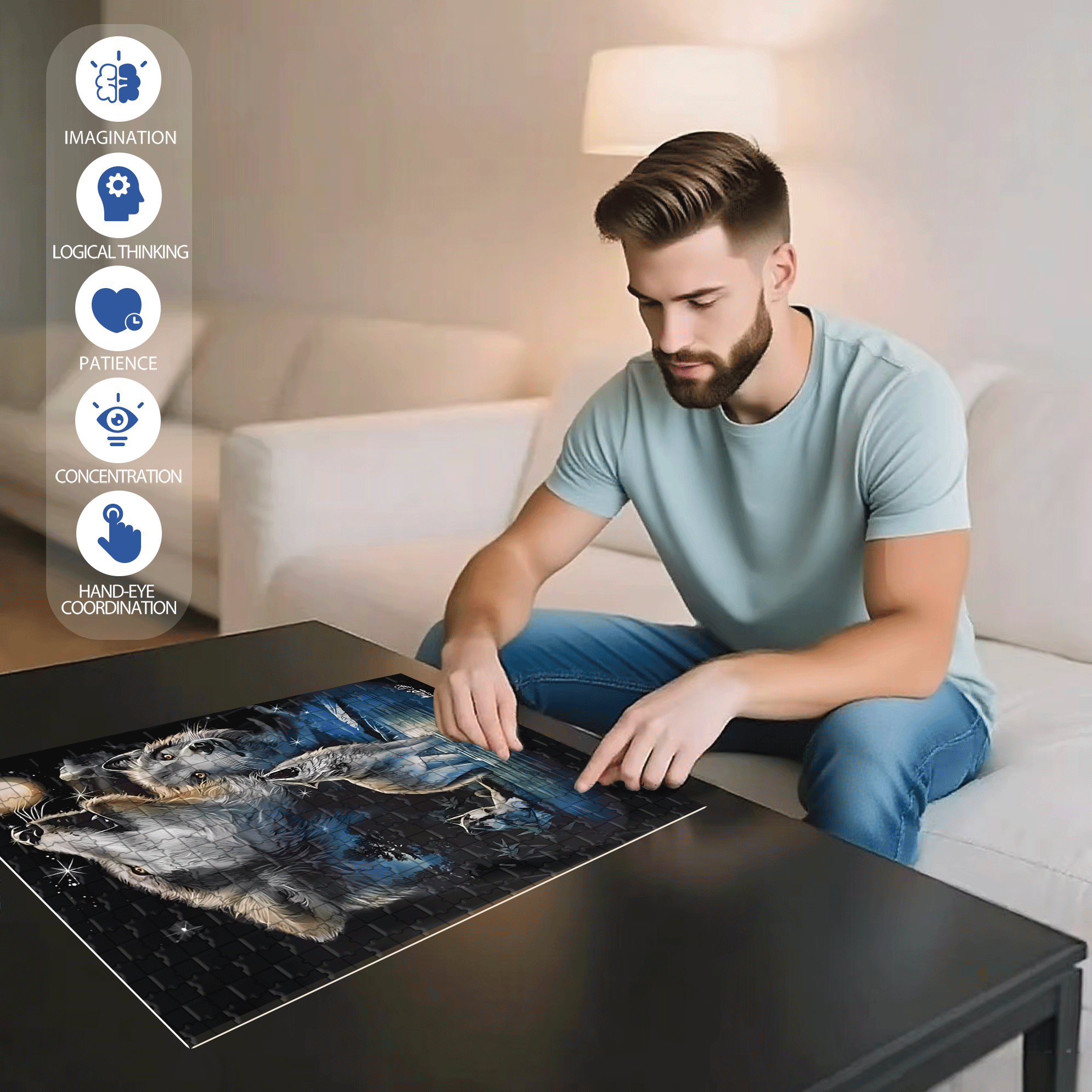 Wolf Howls Under The Moon 500pcs/1000pcs Jigsaw Puzzle, Scratch-Resistant, Interactive Family Game & Brain-Boosting DIY Decor, Perfect for Halloween, Christmas & New Year Gifts, Family Puzzle Game