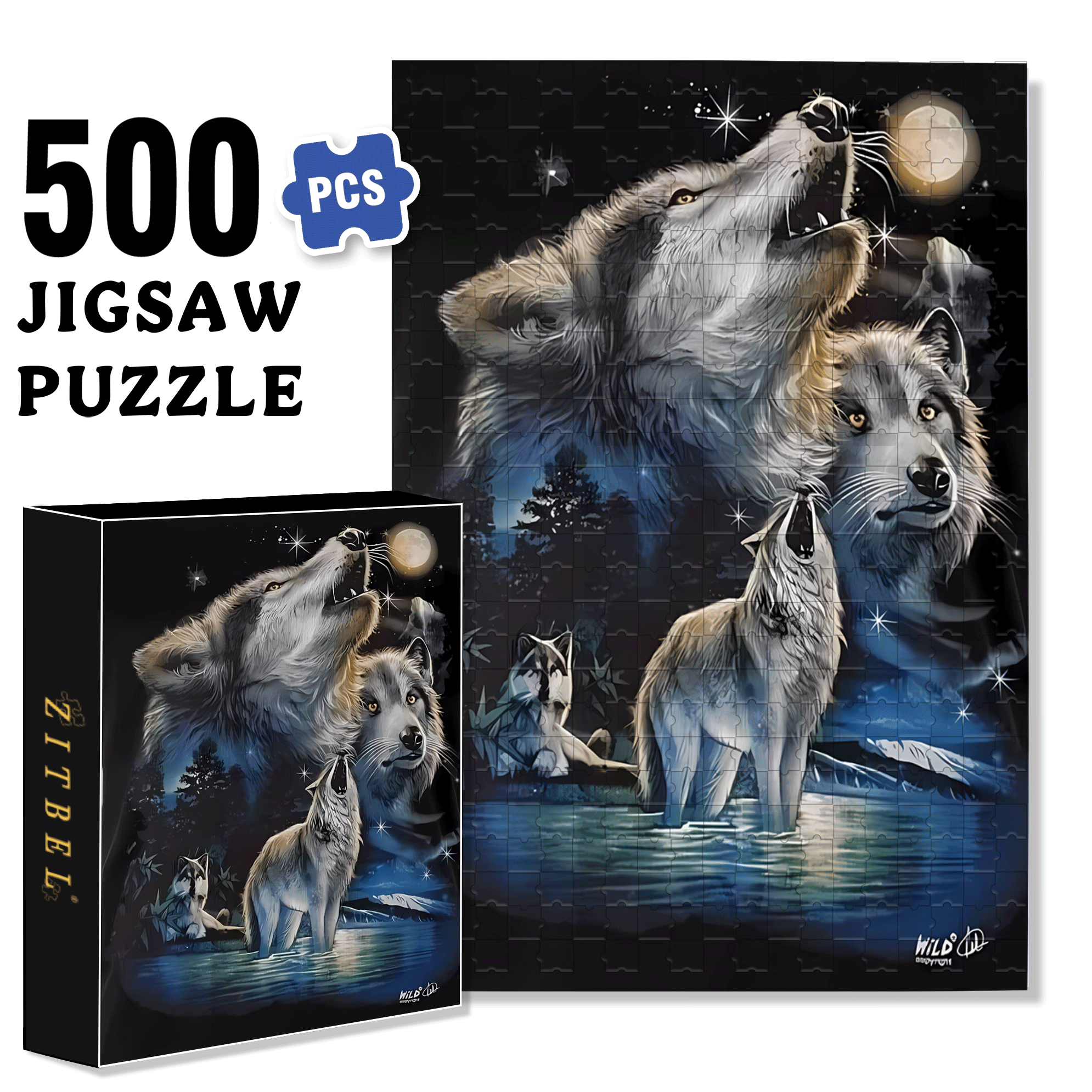 Wolf Howls Under The Moon 500pcs/1000pcs Jigsaw Puzzle, Scratch-Resistant, Interactive Family Game & Brain-Boosting DIY Decor, Perfect for Halloween, Christmas & New Year Gifts, Family Puzzle Game