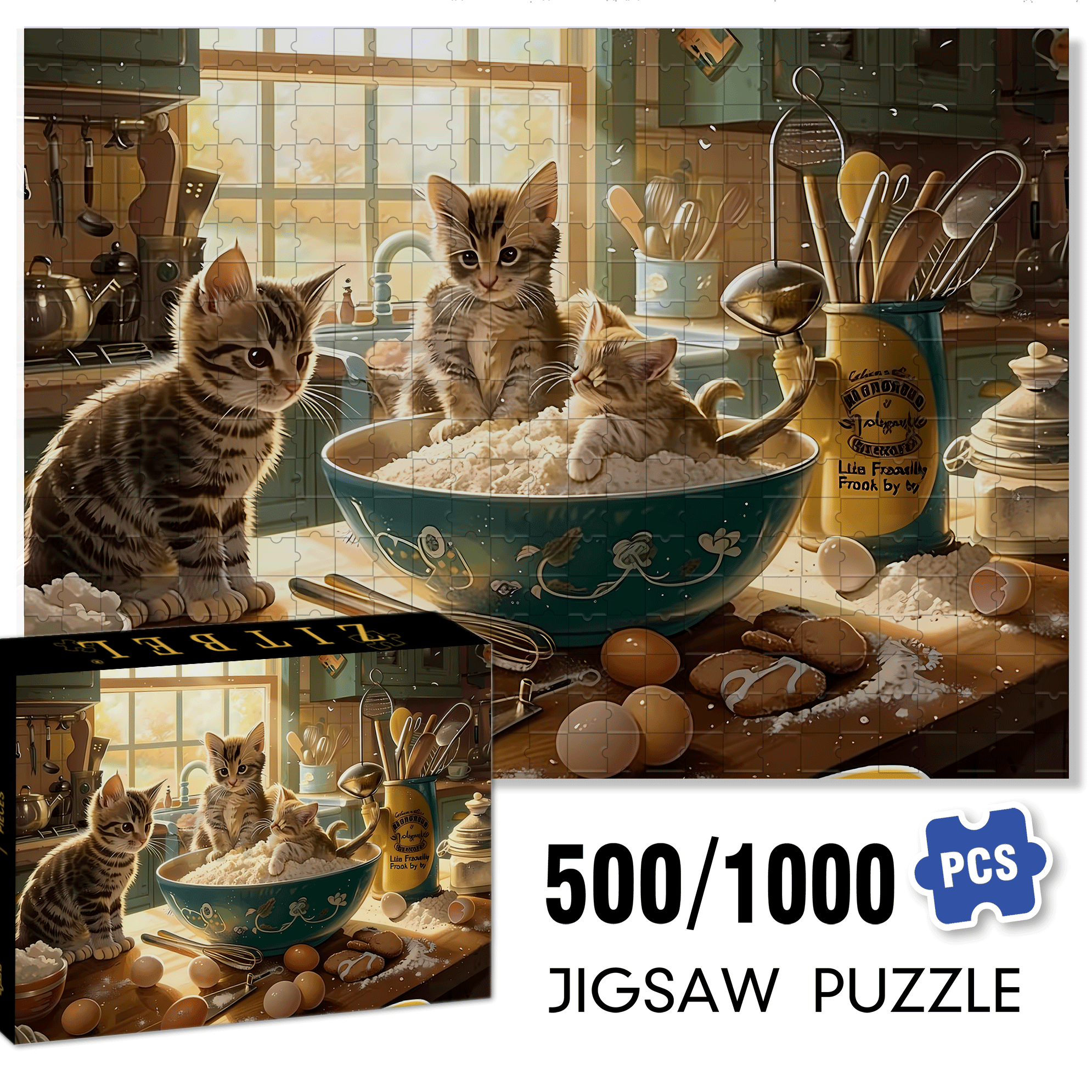 A Cooking Kitten 500pcs/1000pcs Jigsaw Puzzle, Scratch-Resistant, Interactive Family Game & Brain-Boosting DIY Decor, Perfect for Halloween, Christmas & New Year Gifts, Family Puzzle Game