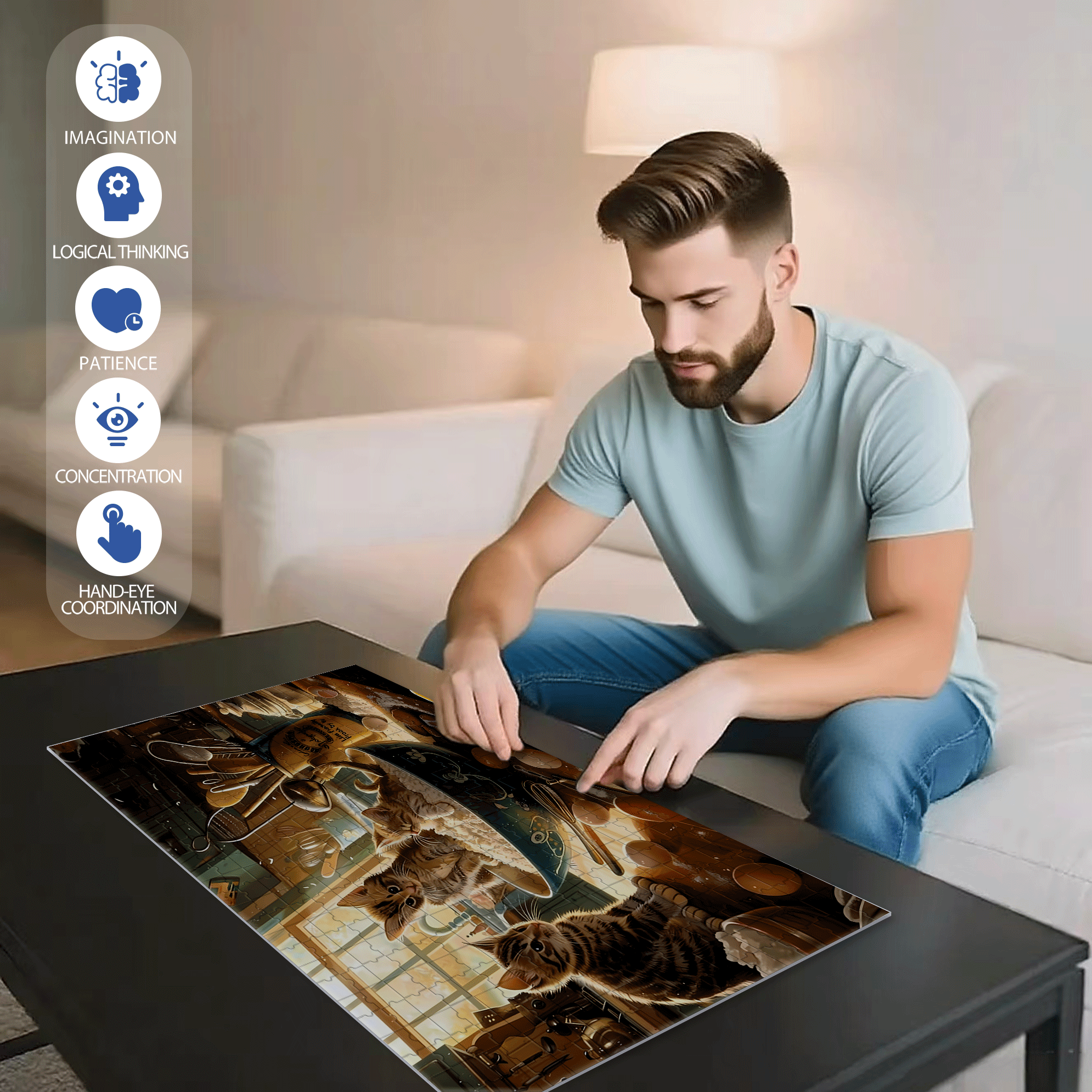 A Cooking Kitten 500pcs/1000pcs Jigsaw Puzzle, Scratch-Resistant, Interactive Family Game & Brain-Boosting DIY Decor, Perfect for Halloween, Christmas & New Year Gifts, Family Puzzle Game