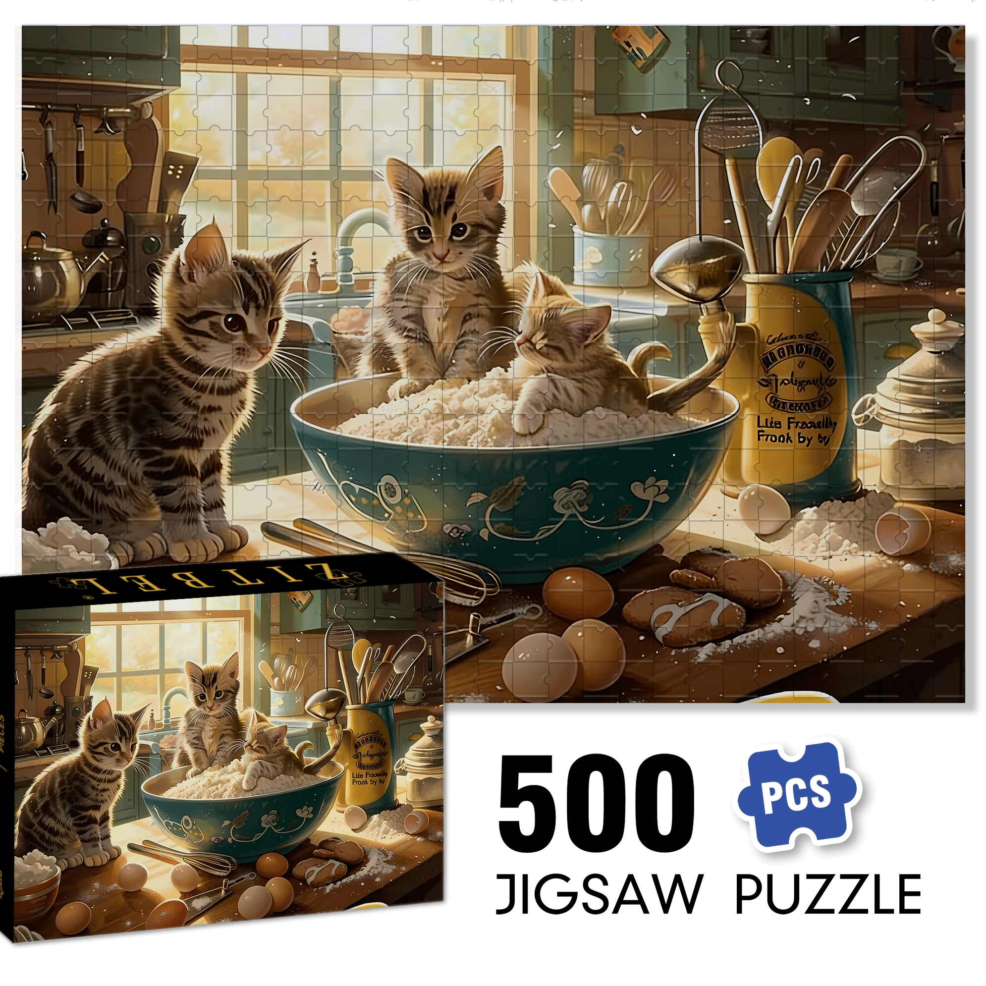 A Cooking Kitten 500pcs/1000pcs Jigsaw Puzzle, Scratch-Resistant, Interactive Family Game & Brain-Boosting DIY Decor, Perfect for Halloween, Christmas & New Year Gifts, Family Puzzle Game
