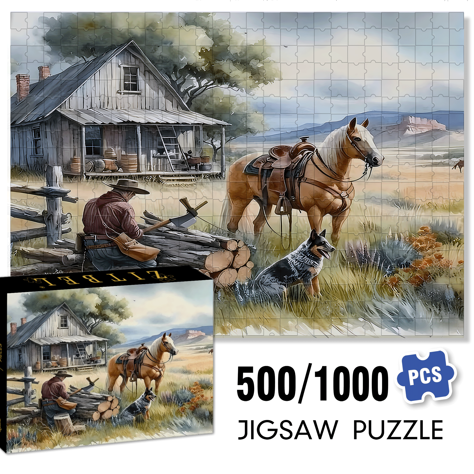 A Cowboy's Afternoon 500pcs/1000pcs Jigsaw Puzzle, Scratch-Resistant, Interactive Family Game & Brain-Boosting DIY Decor, Perfect for Halloween, Christmas & New Year Gifts, Family Puzzle Game