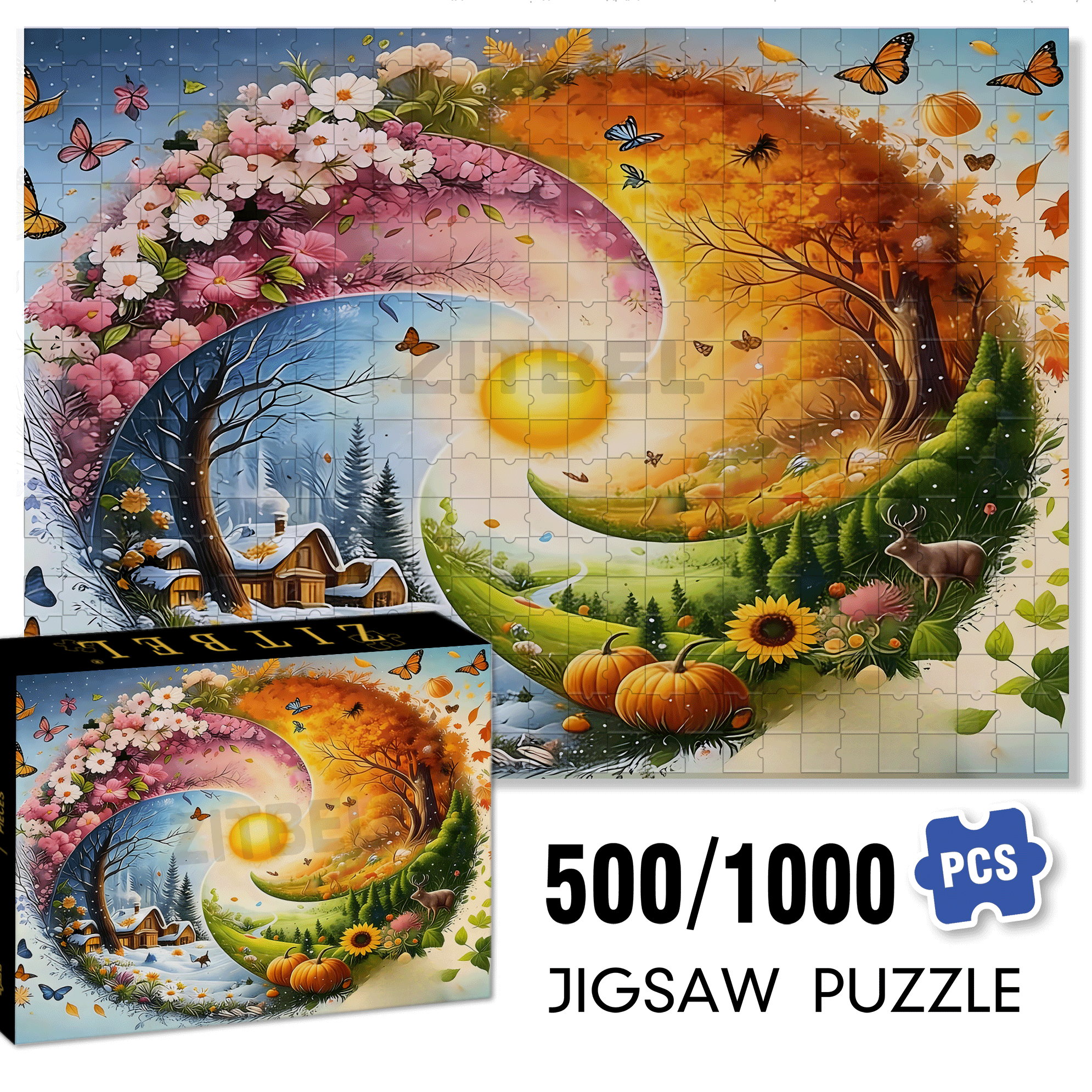 A Dream of Four Seasons 500pcs/1000pcs Jigsaw Puzzle, Scratch-Resistant, Interactive Family Game & Brain-Boosting DIY Decor, Perfect for Halloween, Christmas & New Year Gifts, Family Puzzle Game