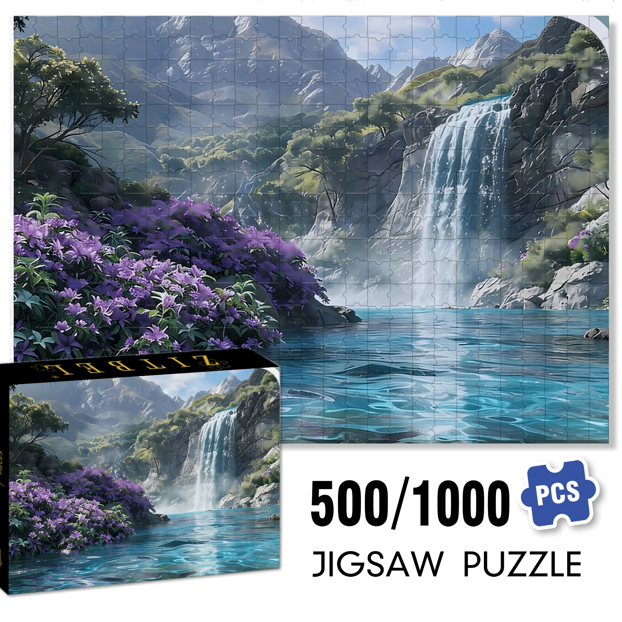A Purple Flower Waterfall 500pcs/1000pcs Jigsaw Puzzle, Scratch-Resistant, Interactive Family Game & Brain-Boosting DIY Decor, Perfect for Halloween, Christmas & New Year Gifts, Family Puzzle Game