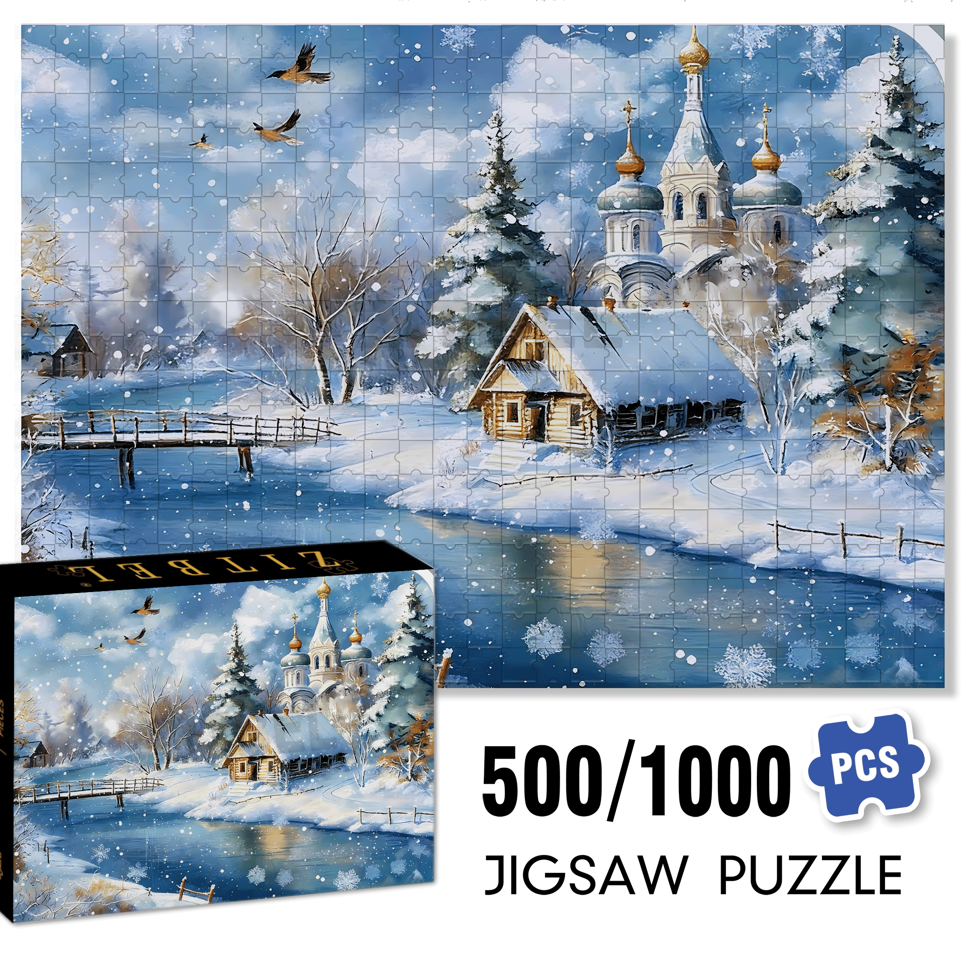 A Snowy Town 500pcs/1000pcs Jigsaw Puzzle, Scratch-Resistant, Interactive Family Game & Brain-Boosting DIY Decor, Perfect for Halloween, Christmas & New Year Gifts, Family Puzzle Game